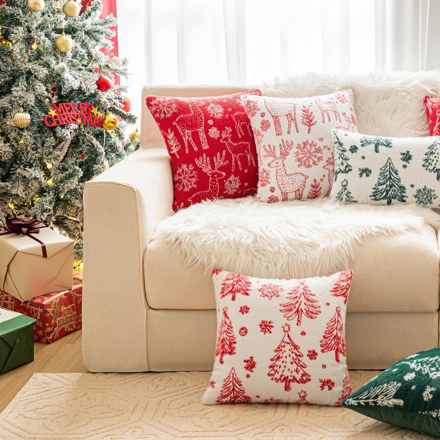 Set of 2 Red Christmas Reindeer Velvet Throw Pillow Covers 12x20 Inch, Farmhouse Faux Wool Jacquard Decorative Pillowcases Winter Holiday Plush Accent Pillow Covers for Christmas Home Decor