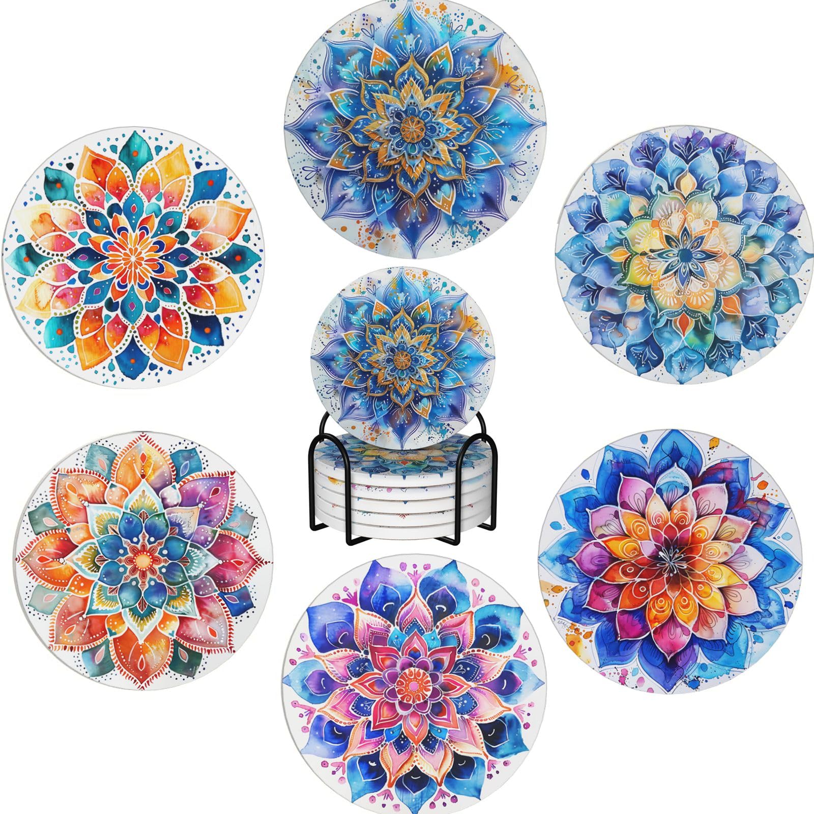 Boho Coasters Set of 6, Coasters for Drinks Absorbent Stone with Holder, Mandala Flower Ceramic Drink Coaster for Tabletop Protection, Coffee Table Decor Ideal for Home Decor House Warming Gifts