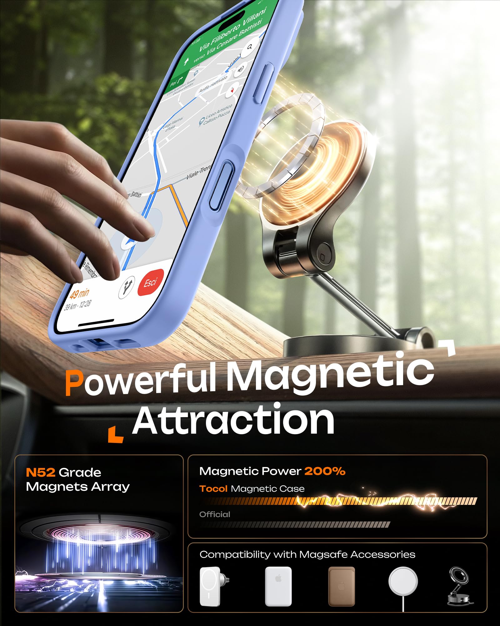 TOCOL Cover Magnetica per iPhone 17 6,3 Pollic, Compatibile con MagSafe, Anello Magnetico Incorporato, Protezione Fotocamera Integrata, Custodia Antiurto Traslucida Opaca, Blu Chiaro