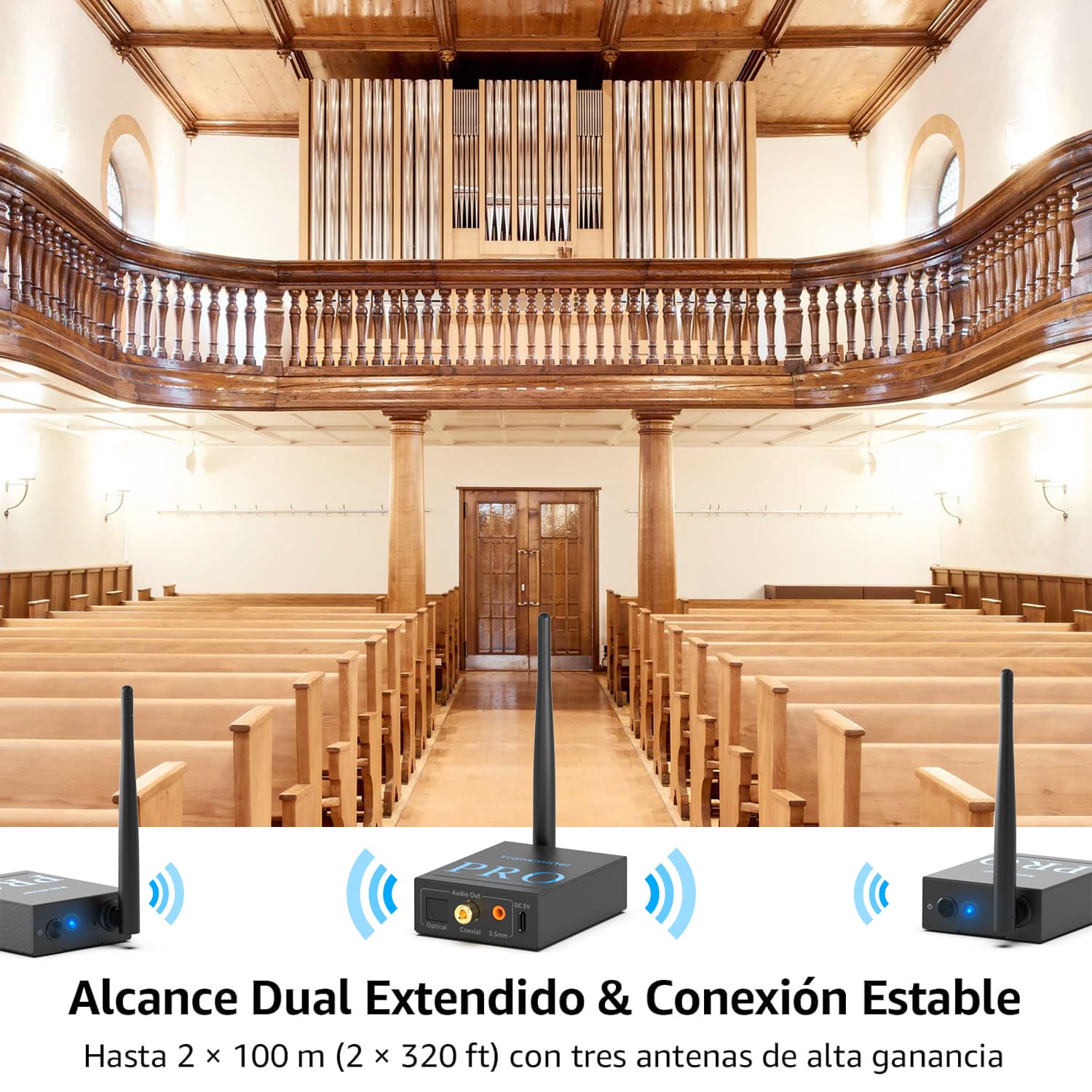 1Mii (1 TX + 2 RX) Transmisor y Receptor de Audio Inalámbrico | Transmisión 2,4 GHz, HiFi para TV/PC a Altavoces Activos/Amplificadores/Receptores AV, Óptica/Coaxial/3,5 mm/RCA, 100 m