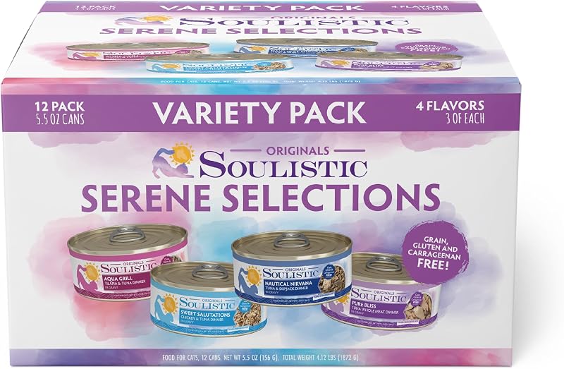 Ração úmida para gatos adultos Soulistic Originals Serene Selections com variedade de sabores, 156 g, Pacote com 12