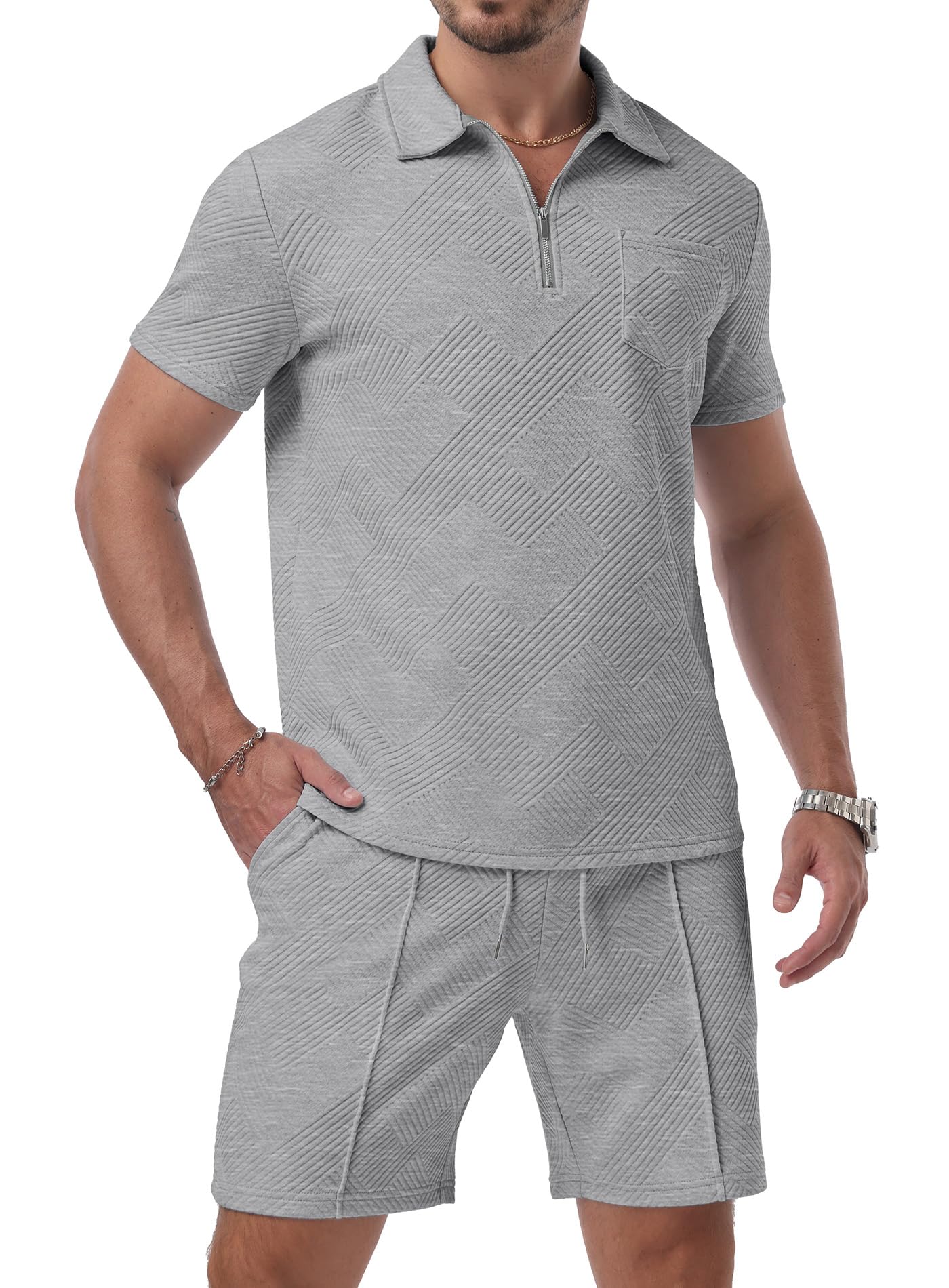 Askdeer Mens Short Sets 2 Piece Summer Track Suits Short Sleeve Sweatsuit Outfits 1/4 Zip Golf Polo Shirts Loungewear