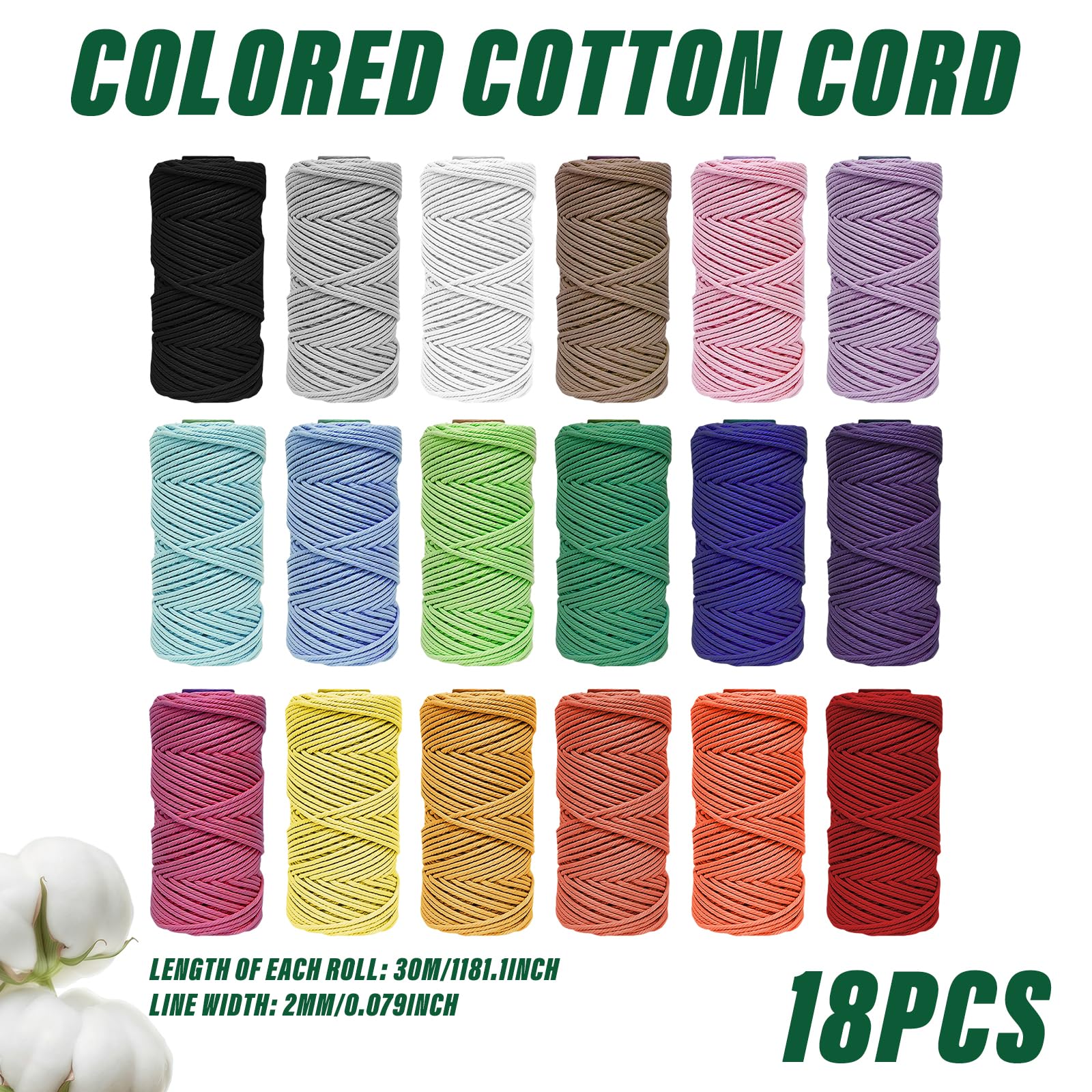 18 pezzi di filato macramè, 2 mm x 30 m, filo di cotone macramè, set di fili di cotone macramè, filo di cotone macramè, set di filati di cotone macramè, per fai da te, fai da te, fai da te, lavori a