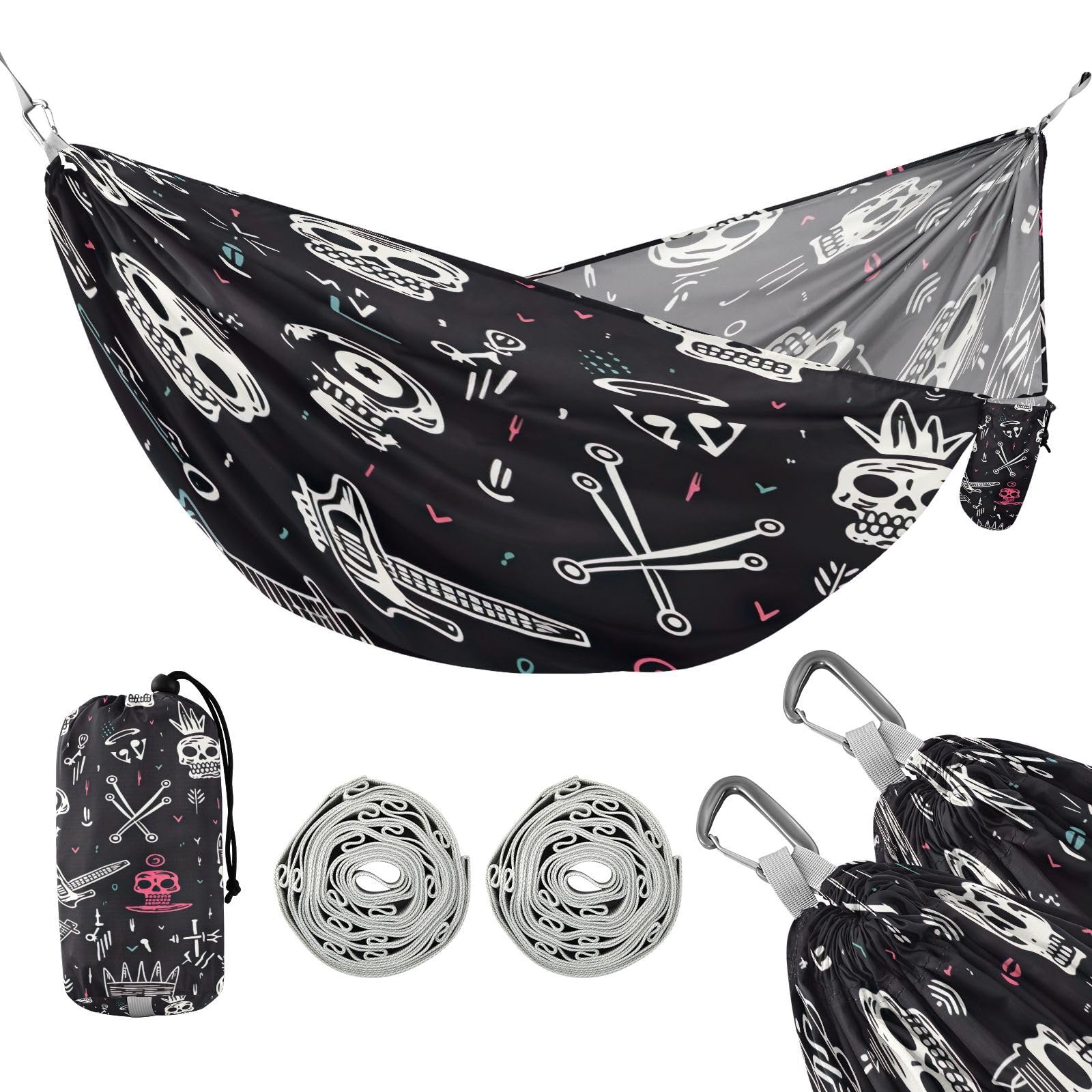 ATTX Colorful Skull Pattern Camping Hammock - Lightweight & Portable Hammocks, Heavy Duty 330lbs Capacity for Indoor, Hiking, Backpacking, Travel, Backyard, Beach#280