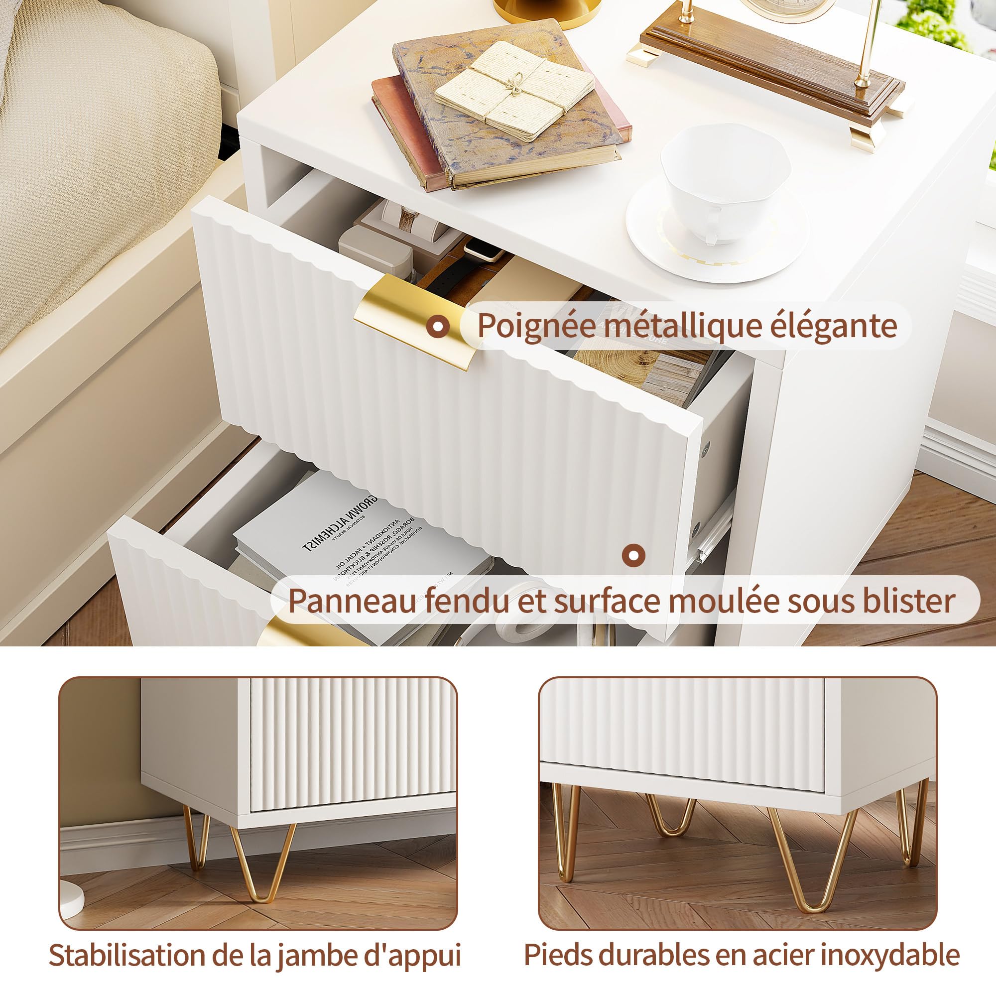 Juego de 2 mesitas de Noche, mesas Bajas con 2 cajones, Mesa Auxiliar con Patas y Asas Doradas, tocador Acanalado con diseño de Ola y cómoda Moderna, Mueble de Almacenamiento (Blanco, 40 x 40 x 55)