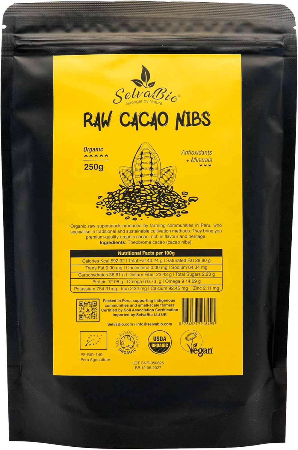 SelvaBio Organic Raw Cacao Nibs, Criollo Variety, Single Origin from Peru, Unsweetened and Non-Alkalised, Vegan and Gluten Free Superfood, Perfect for Smoothies, Baking and Healthy Snacks, 250 g