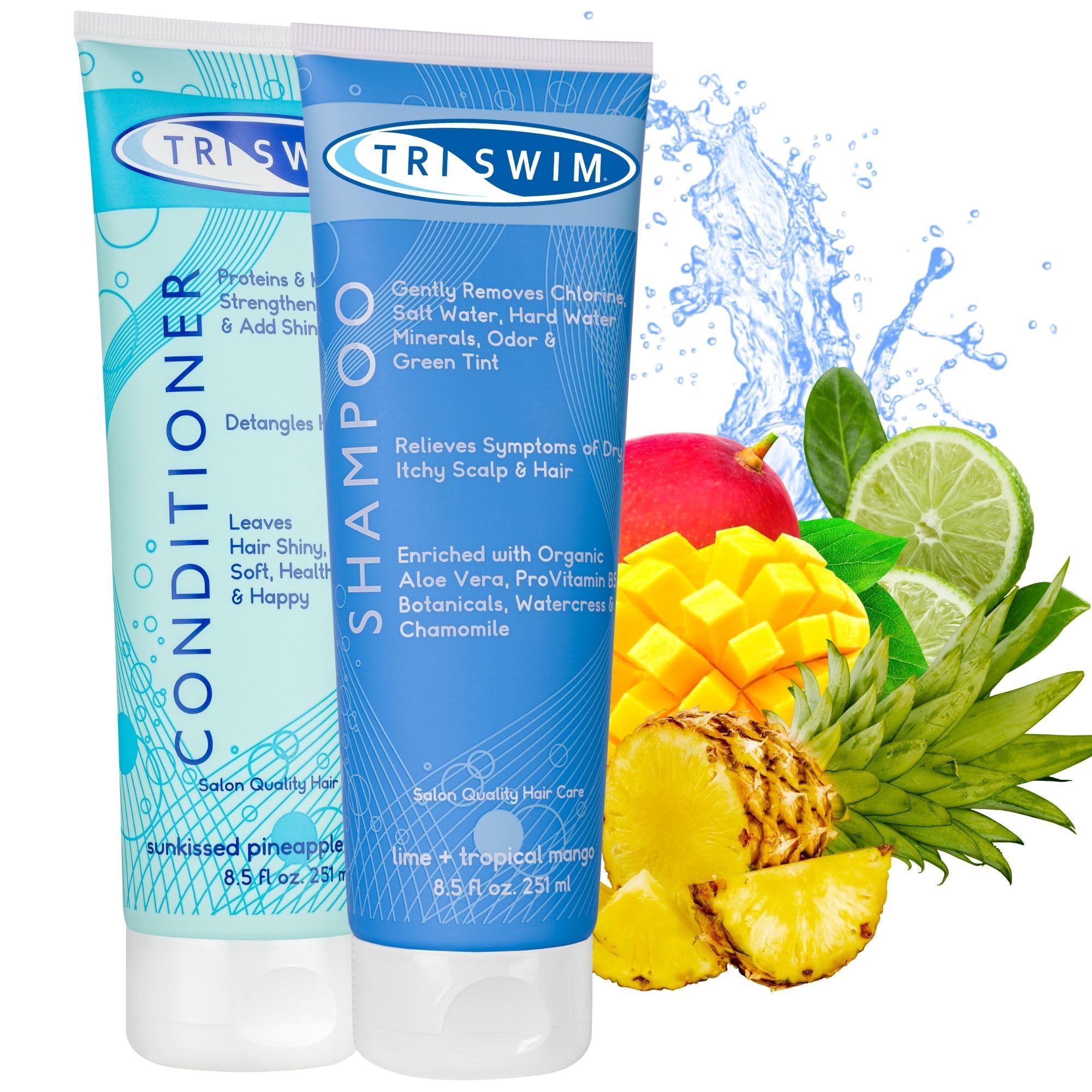TRISWIM - Paquete de Cuidado del Cabello para Eliminar el Cloro, Champú Anticloro Despues de la Piscina y Acondicionador Cabello para Nadadores, Tratamiento Capilar Anti-cloro, Vegano - 2x251 ml