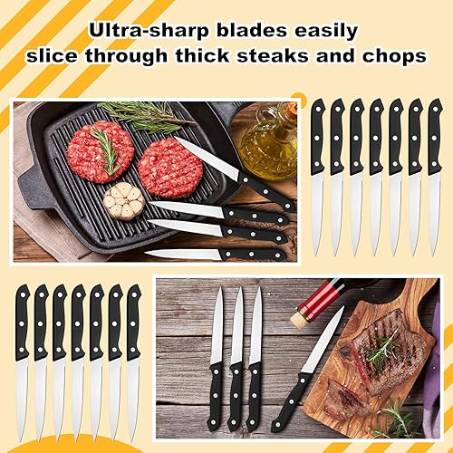 Miniatura 4 de Lasnten Juego de 50 cuchillos de carne de 8.67 pulgadas de borde fino de acero inoxidable no dentados, cuchillos rectos triples remachados para