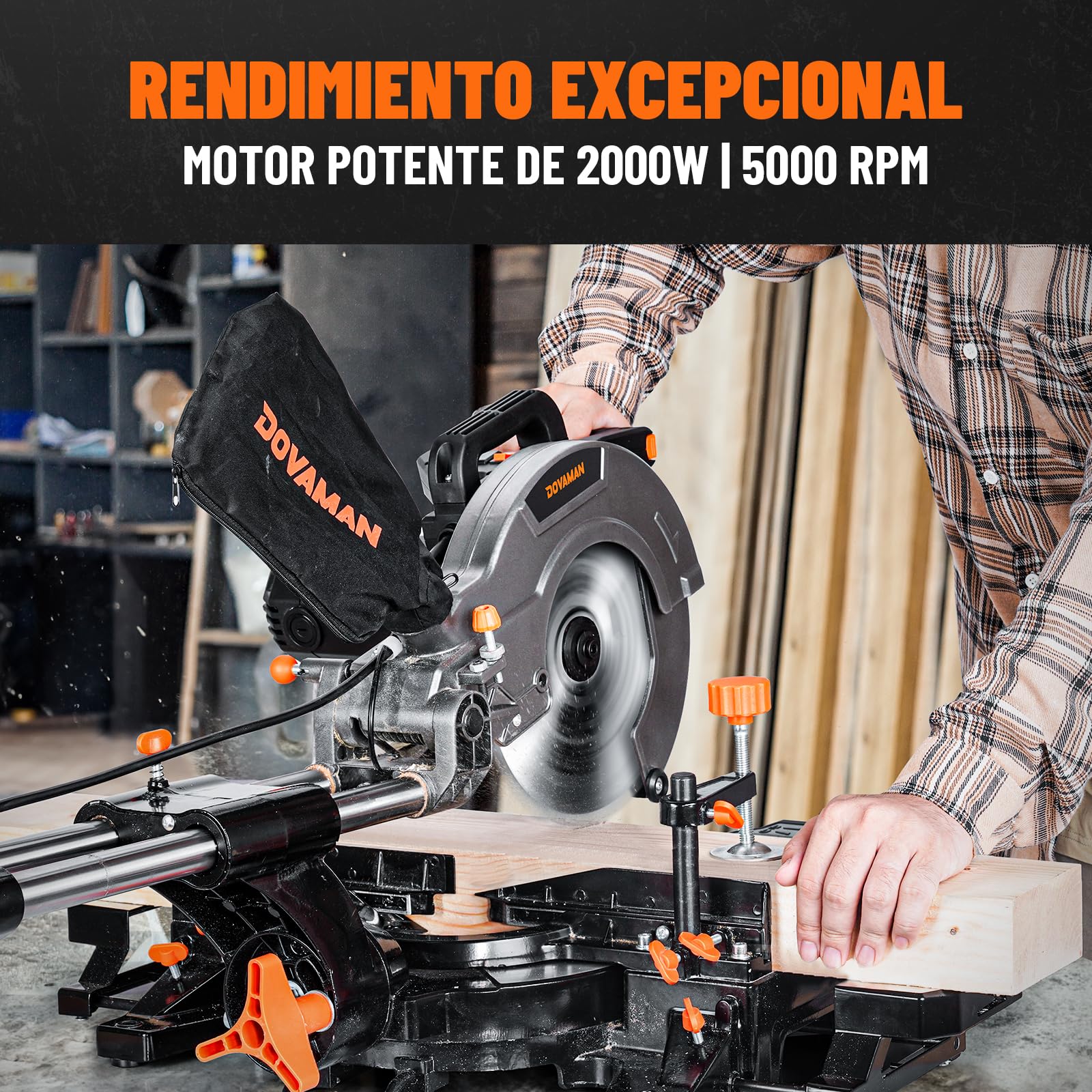 DOVAMAN DMS01A Sierra Ingletadora 2000W, 2 Velocidades 3200/5000 RPM, 3 Hojas TCT, Corte Máx 340x90mm, Inclinación 0–45°, Guía Láser, 9 Posiciones, Para Madera PVC Aluminio Metales Blandos