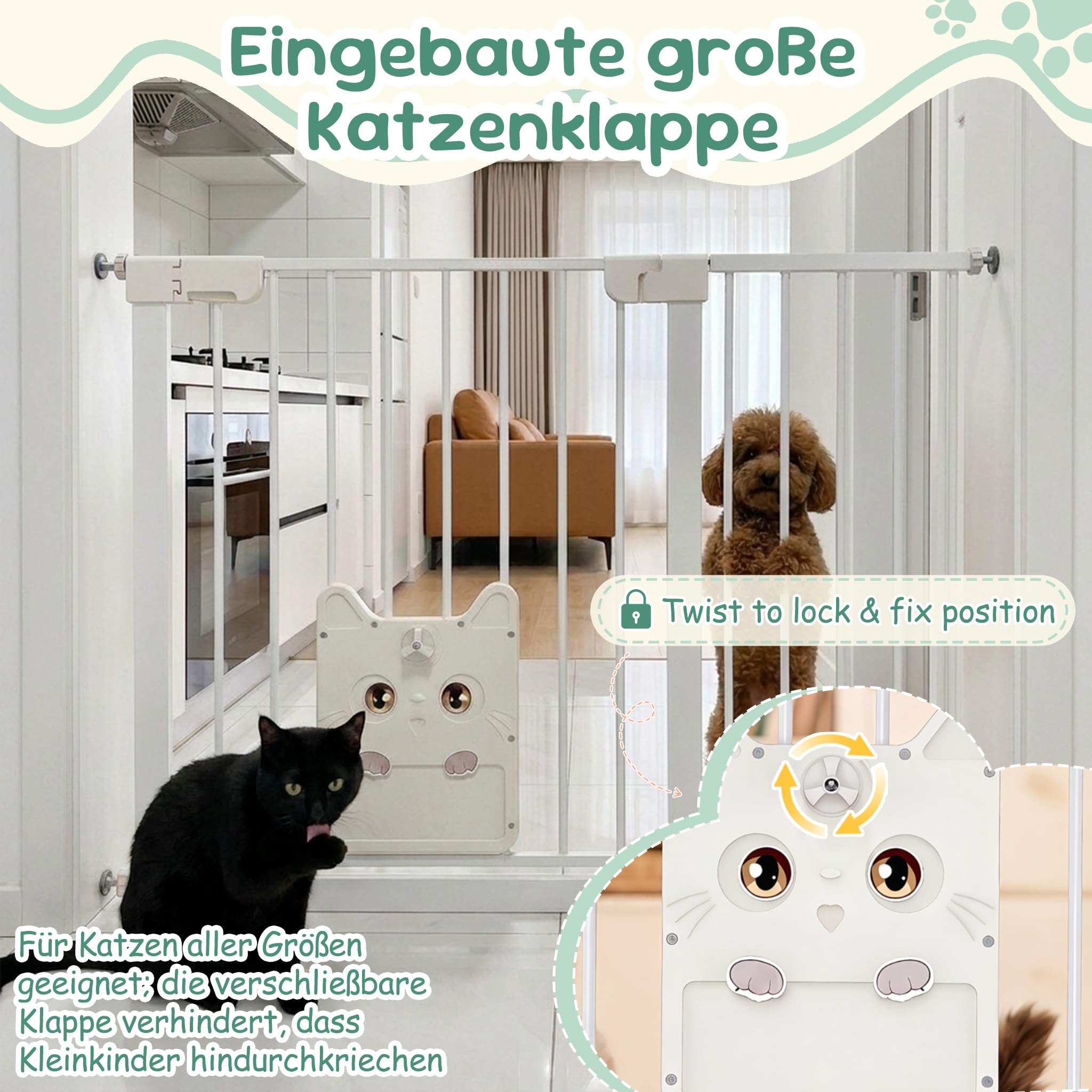 ACXIN Türschutzgitter Weiß 105-115 cm, Kinder Schutzgitter mit Katzenklappe, Babygitter Metall für Tür Treppe, ohne Bohren, beidseitig öffnend, Sicherheitsgitter für Baby Haustiere