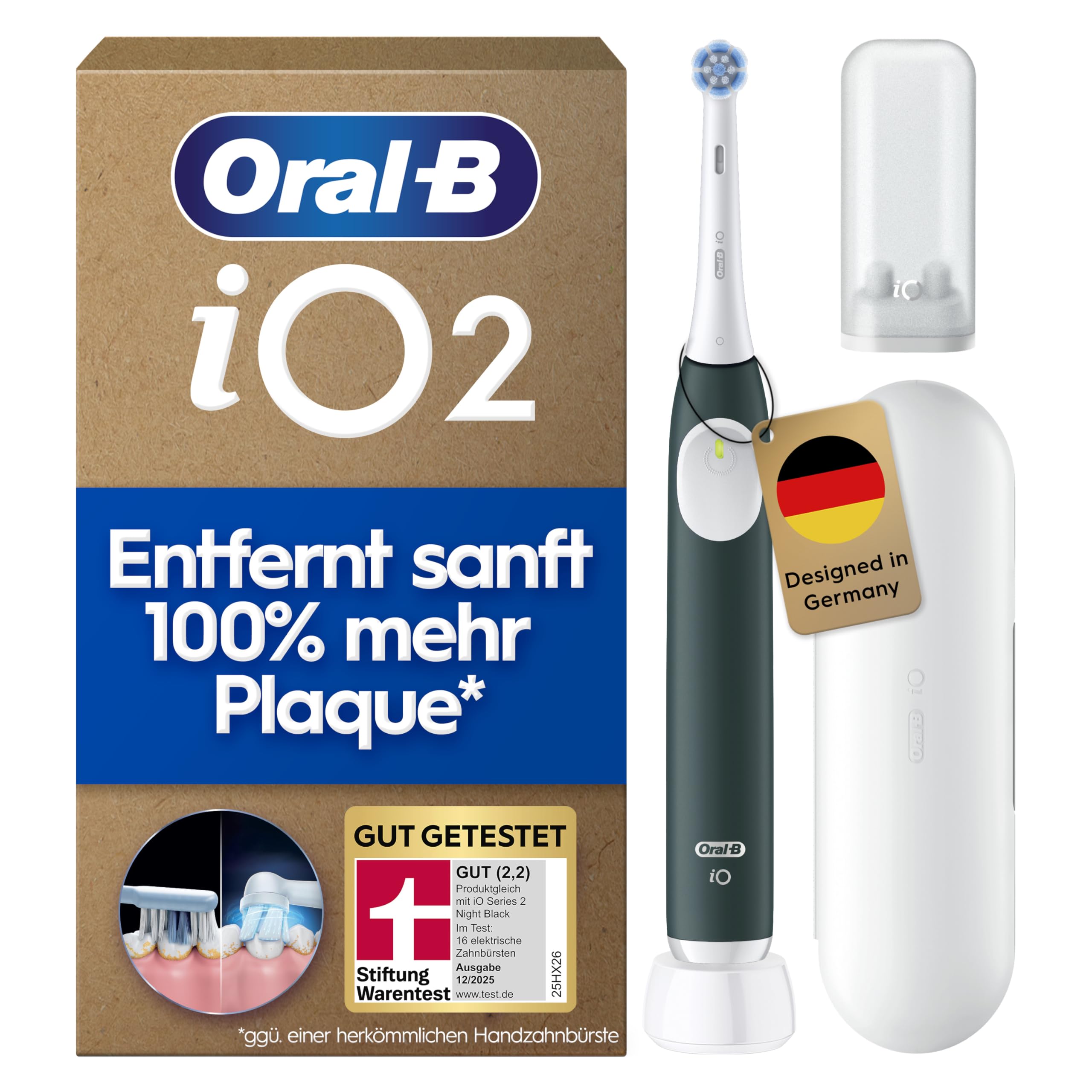Oral-B iO Series 2 Elektrische Zahnbürste — Electric Toothbrush, Inkl. 1 Aufsteckbürste, Reise-Etui — 3 Putzmodi für Zahnpflege, GUT GETESTET (2,2) von STIFTUNG WARENTEST, Designed by Braun, Grün