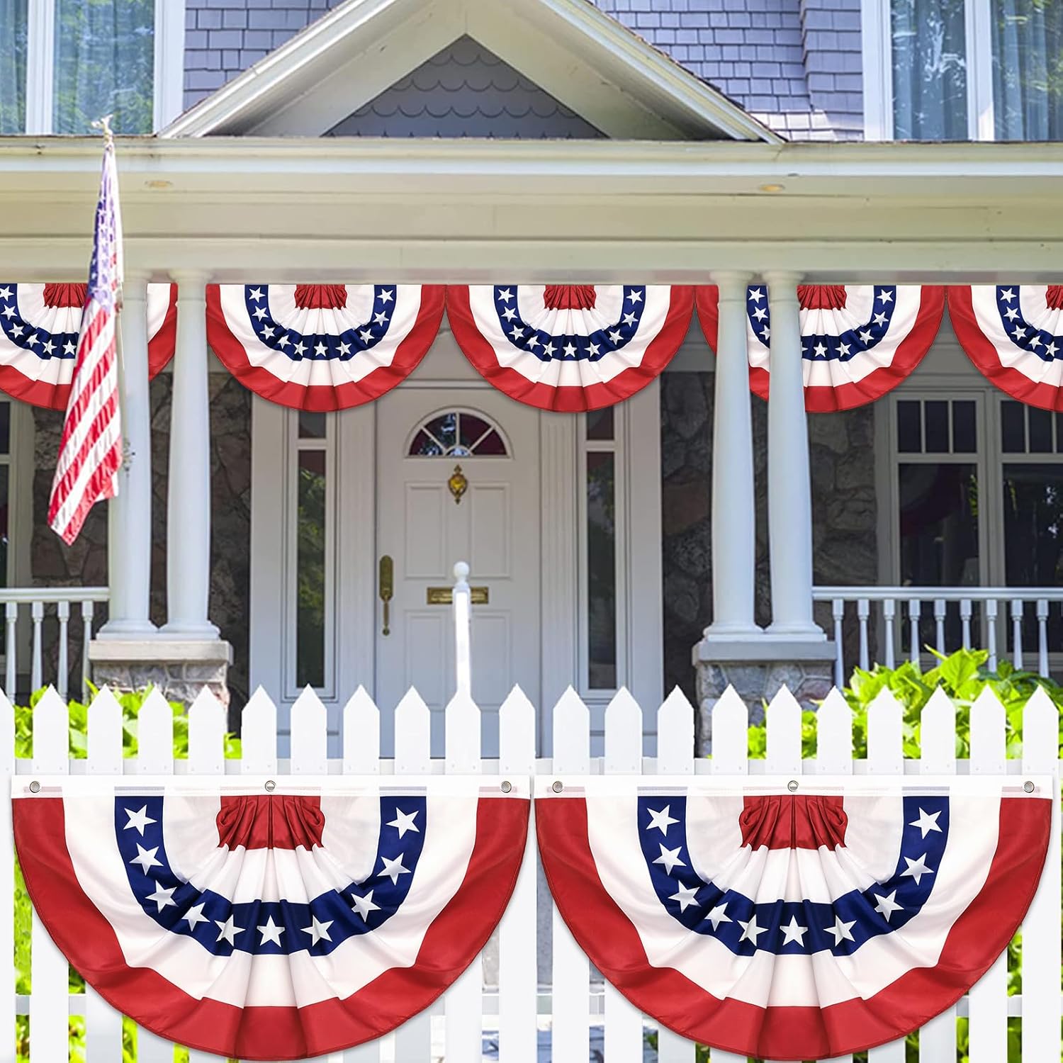 4Pack 2x4 FT American Flag Bunting, 4th of July Decorations Fourth of July Patriotic Bunting with Zip Ties, Red White Blue Pleated Fan Flag Banners Independence Day Memorial Day Decor Indoor Outdoor
