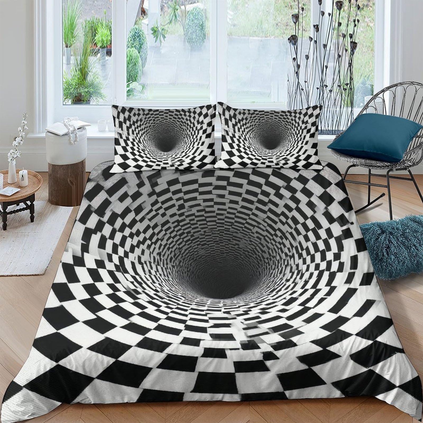 Ctjqhvkz Style-7 3D Printed Optical Illusion Fitted Sheet Microfiber Soft Black White Tunnel Bed Sheet Bedroom Decor Dorm Mattress Protection Single（135X200cm）