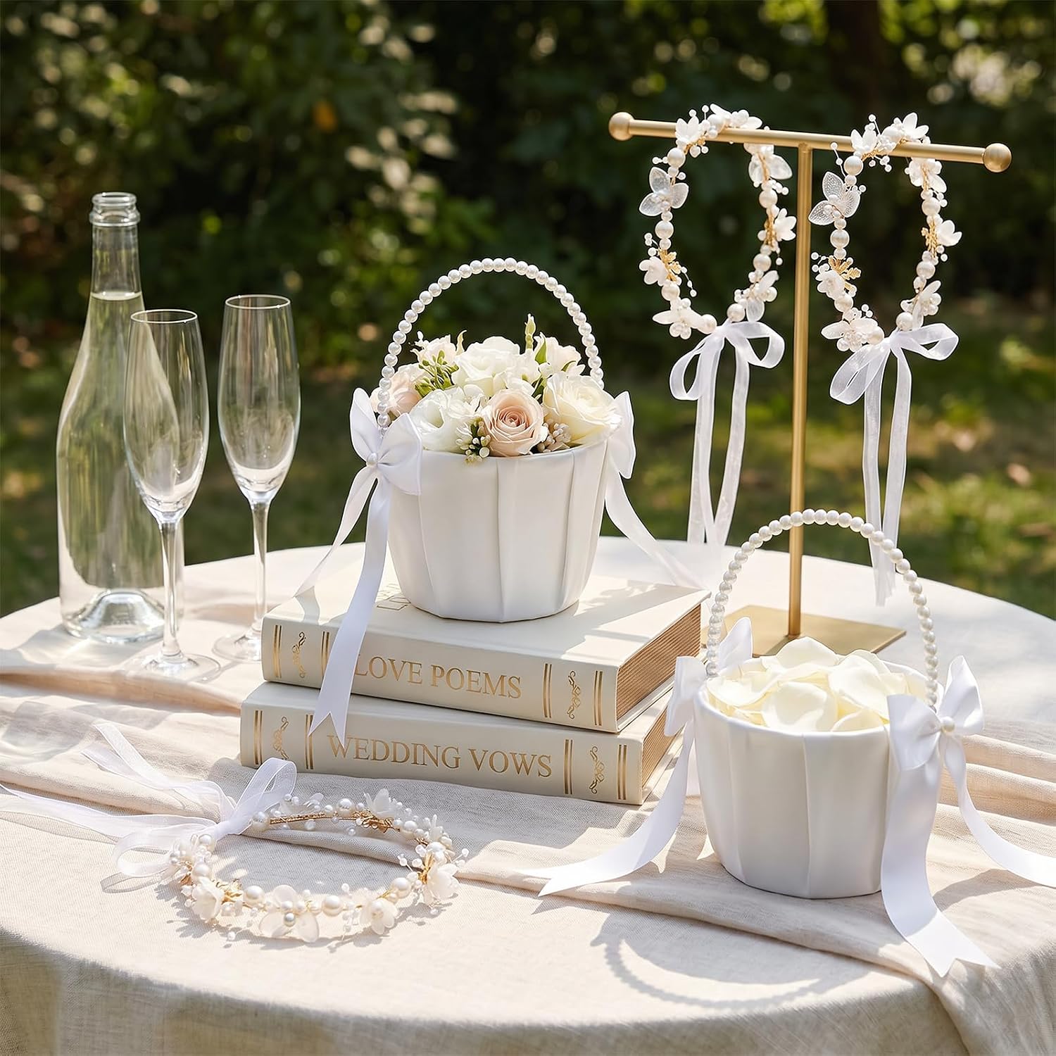 Set of 4 Wedding Flower Girl Basket with Headpiece | Ivory Flower Girl Basket with Pearl Handle & Ribbon Bow for Romantic Wedding Ceremony Decoration