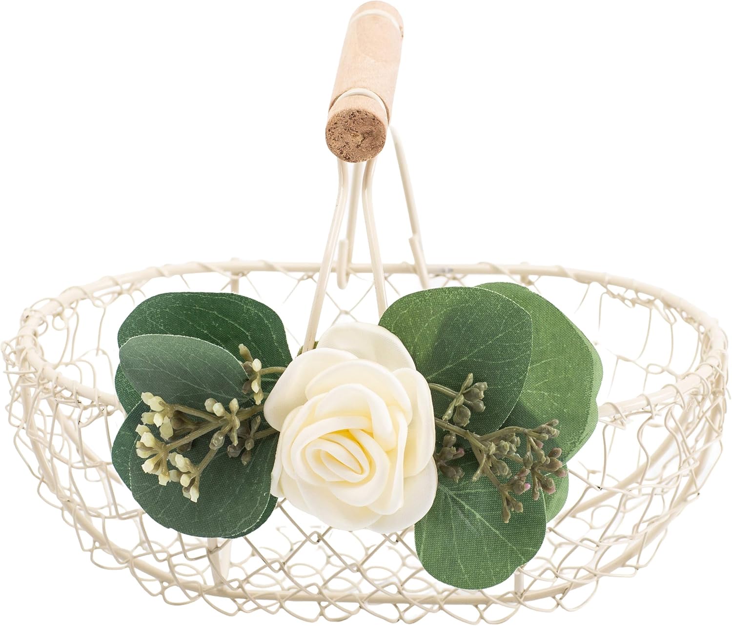 Petite Ivory Flower Girl Basket - Ivory Metal Wedding Basket w/Wood Handle - Flower Girl Petal Basket - Flower Basket by Ragga Wedding