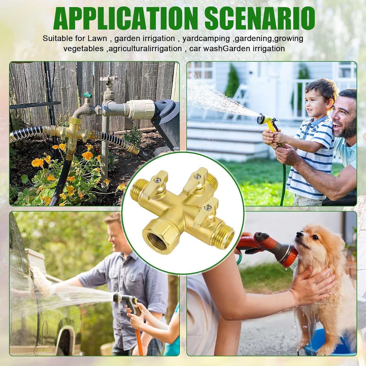 Heavy Duty Metal 3 Way + Type Garden Hose Splitter,3/4" 1.6MPa High Flow Spigot Faucet Connectors,with Shut-Off Valves, Comfort Grip,with washers&tape