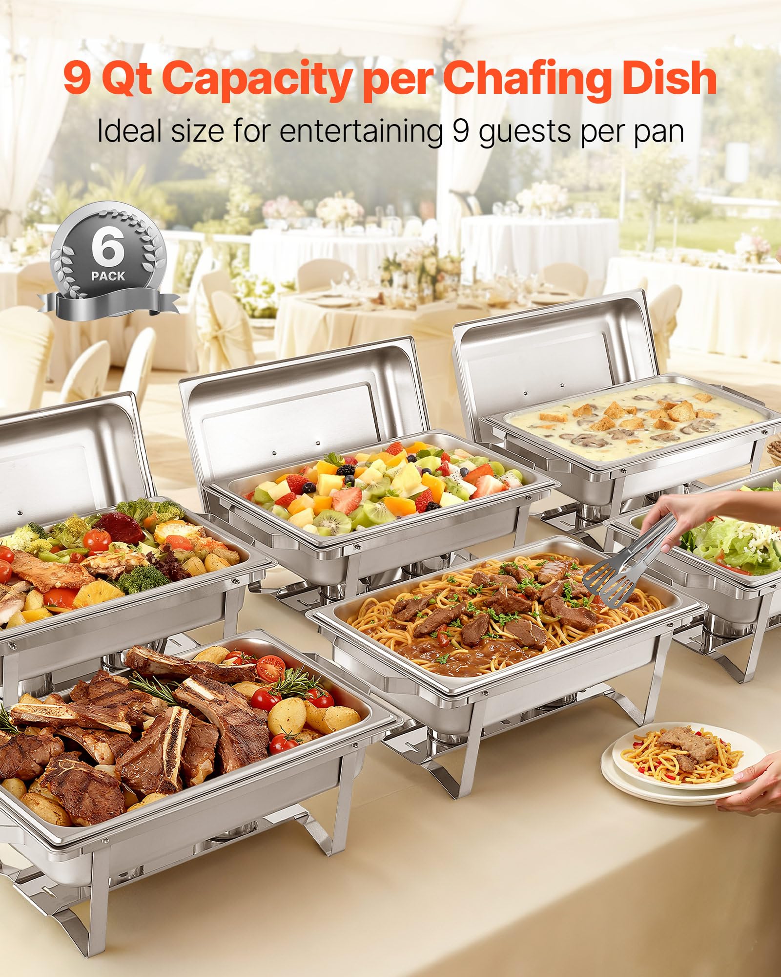 VEVOR Set di Scaldavivande Rettangolari da 8,5 L 6 Pezzi, Contenitori Riscaldanti per Buffet con Manico e 3 Pinze per Alimenti e Coperchio e Porta Combustibile, Adatti per Banchetti, Feste