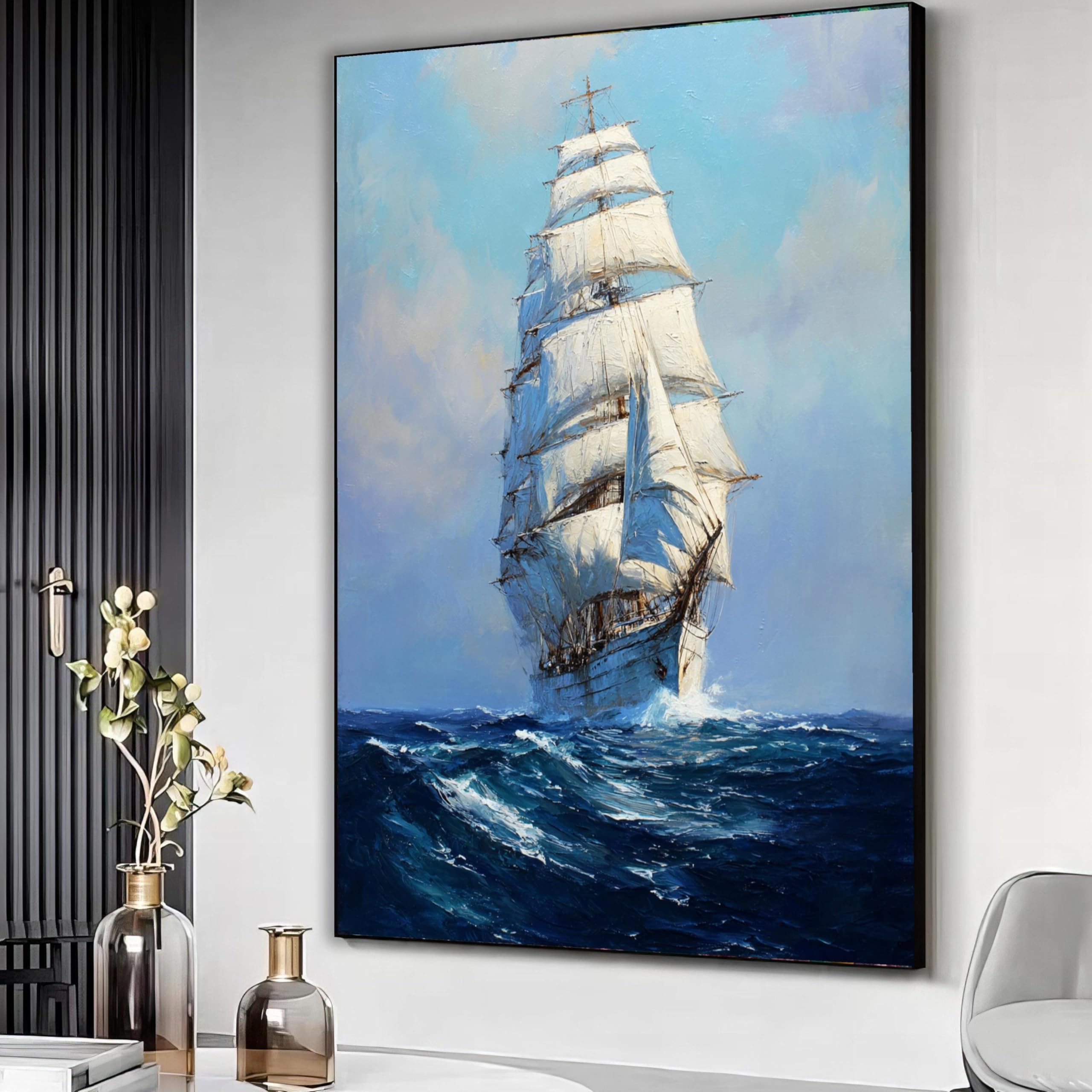 XBTYKPB Sailing Ship Canvas, Ocean Waves Canvas Wall Art, Nautical Sea Scene, White Sails Painting, Maritime Decor, Coastal Art(50x75cm/Frameless)