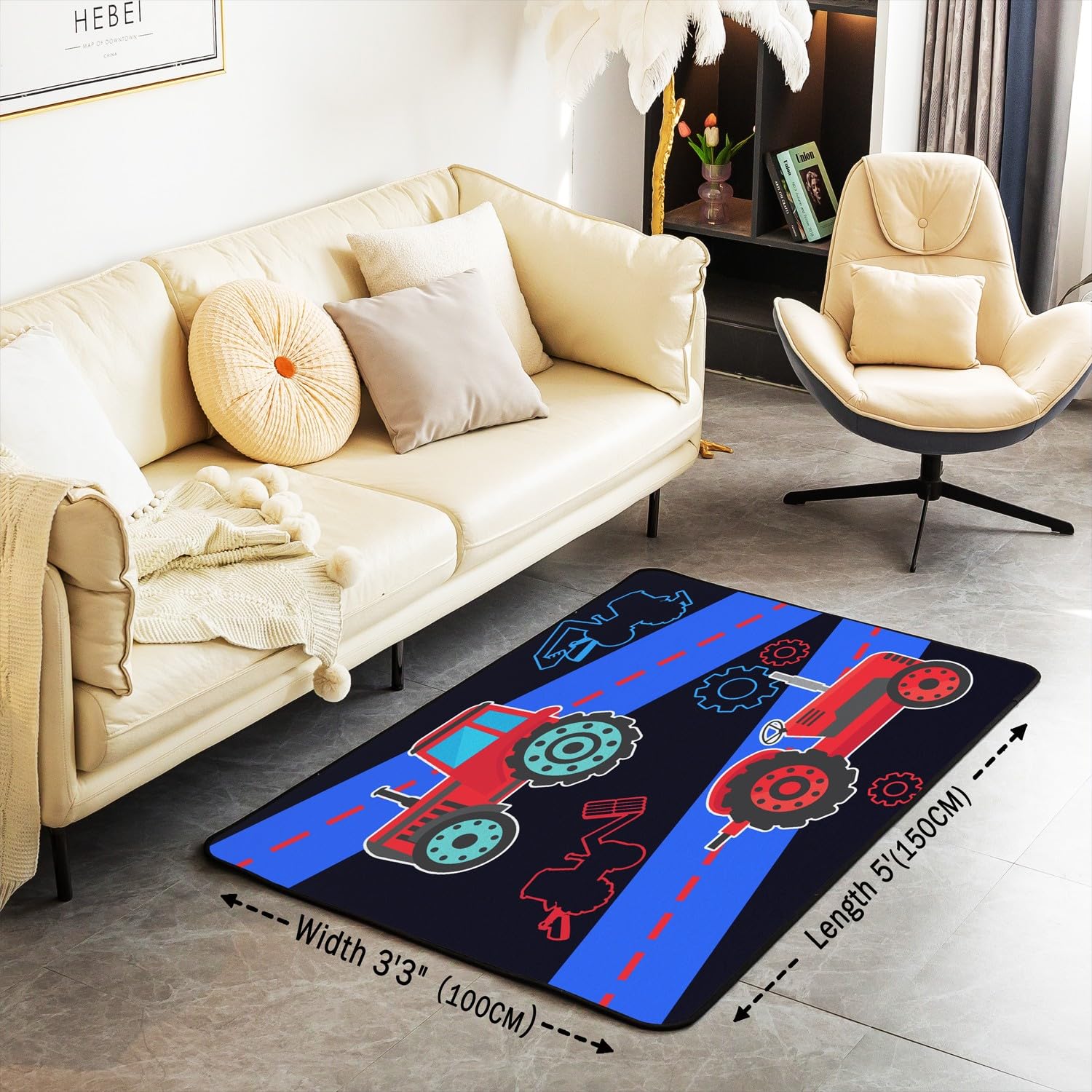 Tappeto da costruzione 150 x 200 cm, per bambini, escavatore, cartone animato, set di tappeti decorativi per bambini e bambine, tappeto per soggiorno, blu, rosso, nero, tappetino per interni,