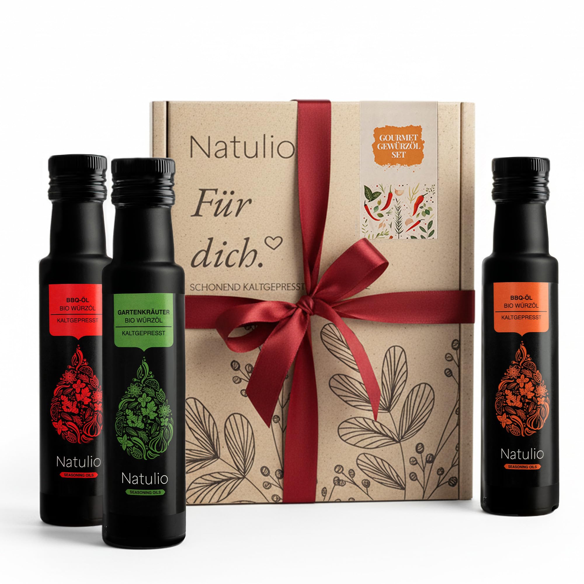 Natulio Bio Öl Geschenkset Gewürzöle kaltgepresst - Geschenkidee - das perfekte Weihnachts-Geschenk für alle Feinschmecker - Geschenkset aus Chiliöl, Gartenkräuteröl & BBQ-Öl - 3x100ml -DE-ÖKO-006