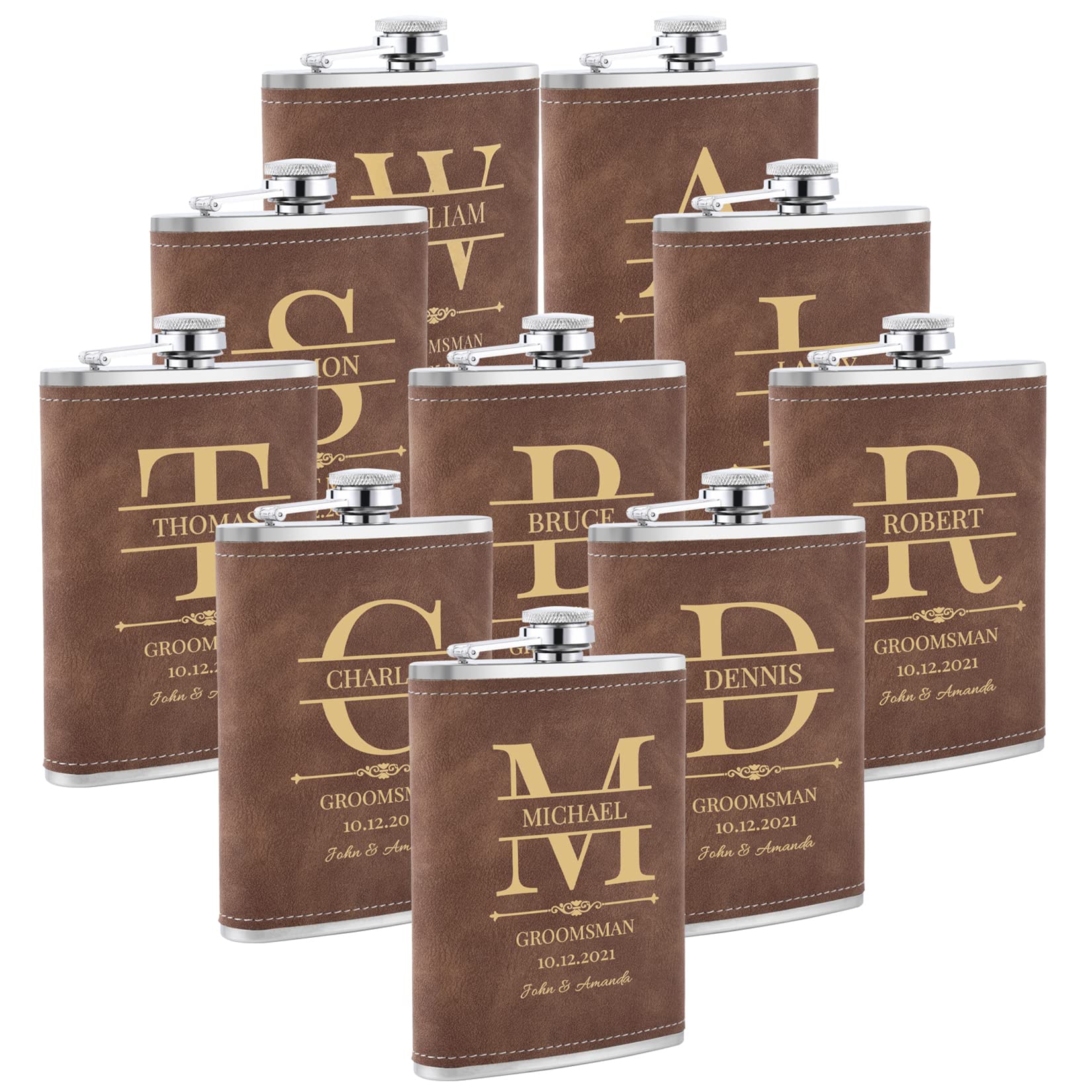 Wedding Flasks for Groomsmen Set of 10, Personalized Groomsmen Gift, Customized Engraved 304 Steel Stainless Hip Flask for Best Man Groom Father of