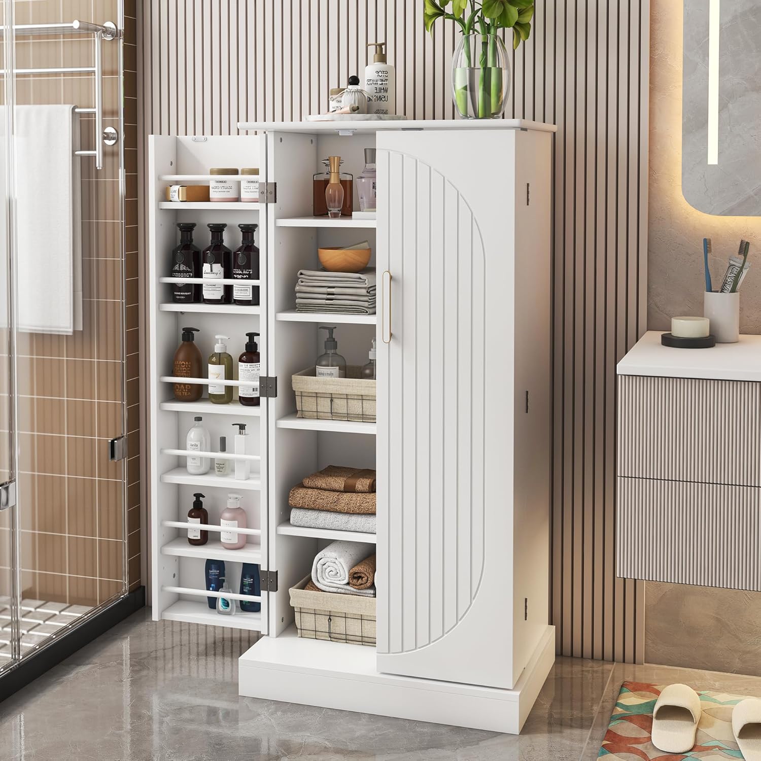47” Kitchen Pantry Cabinets, Freestanding Kitchen Pantry Storage Cabinet with Doors and Adjustable Shelves, Buffet Cupboards Storage Cabinet for Home Office Use, White