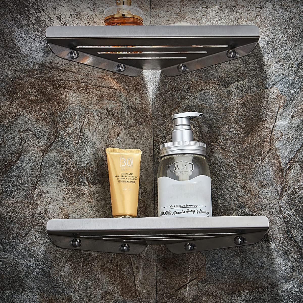 Estantes de Esquina de Acero Inoxidable Cepillado Organizador de Ducha sin Perforación Cesta de Ducha Montada en la Pared Estante de Accesorios de Baño para Baño Cocina (2 piezas)