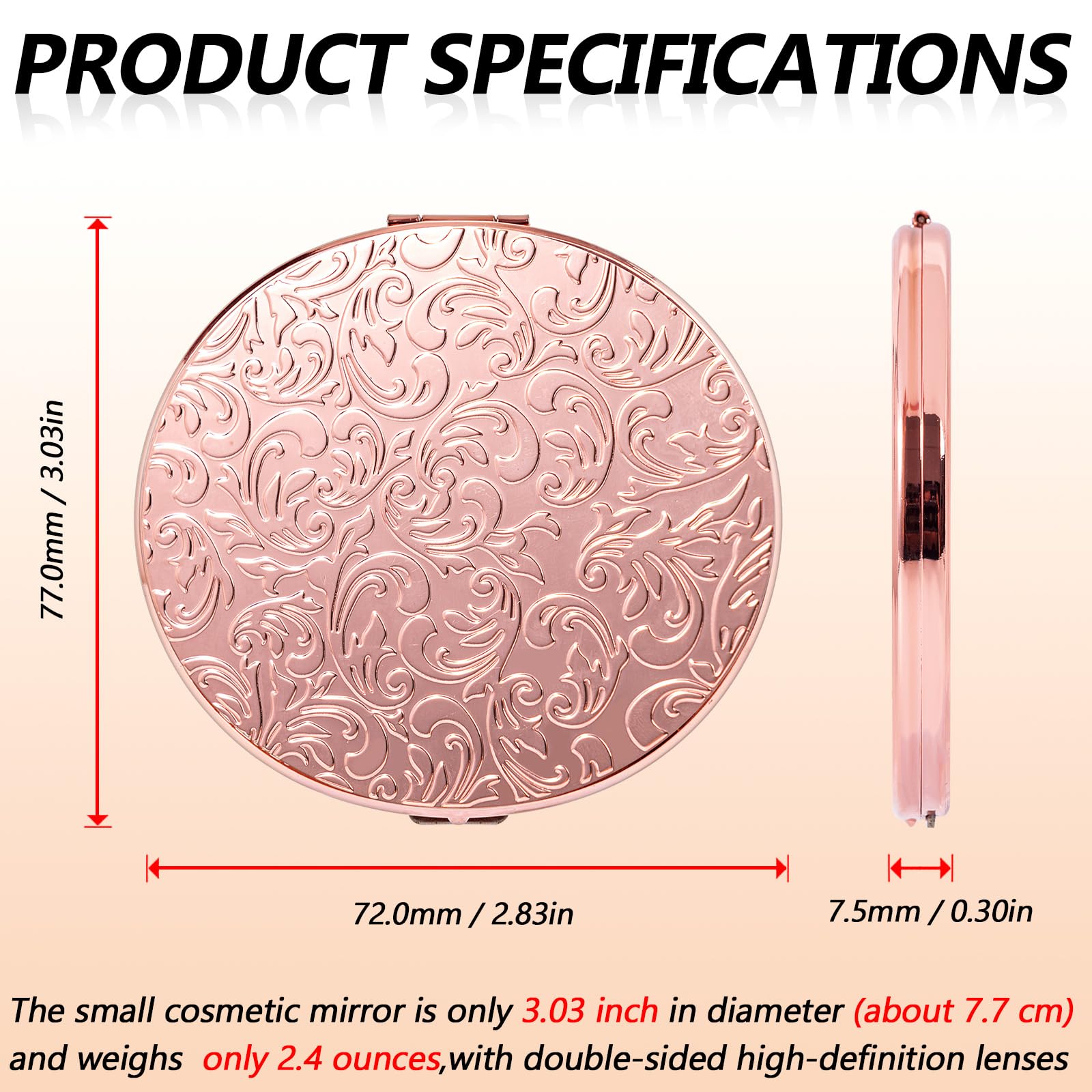 Mini Miroir Pliant Ovale en métal, Pratique, Compact, Beau, Robuste et Durable, loupe 1X/2X. (Ovale Motif-Rose)