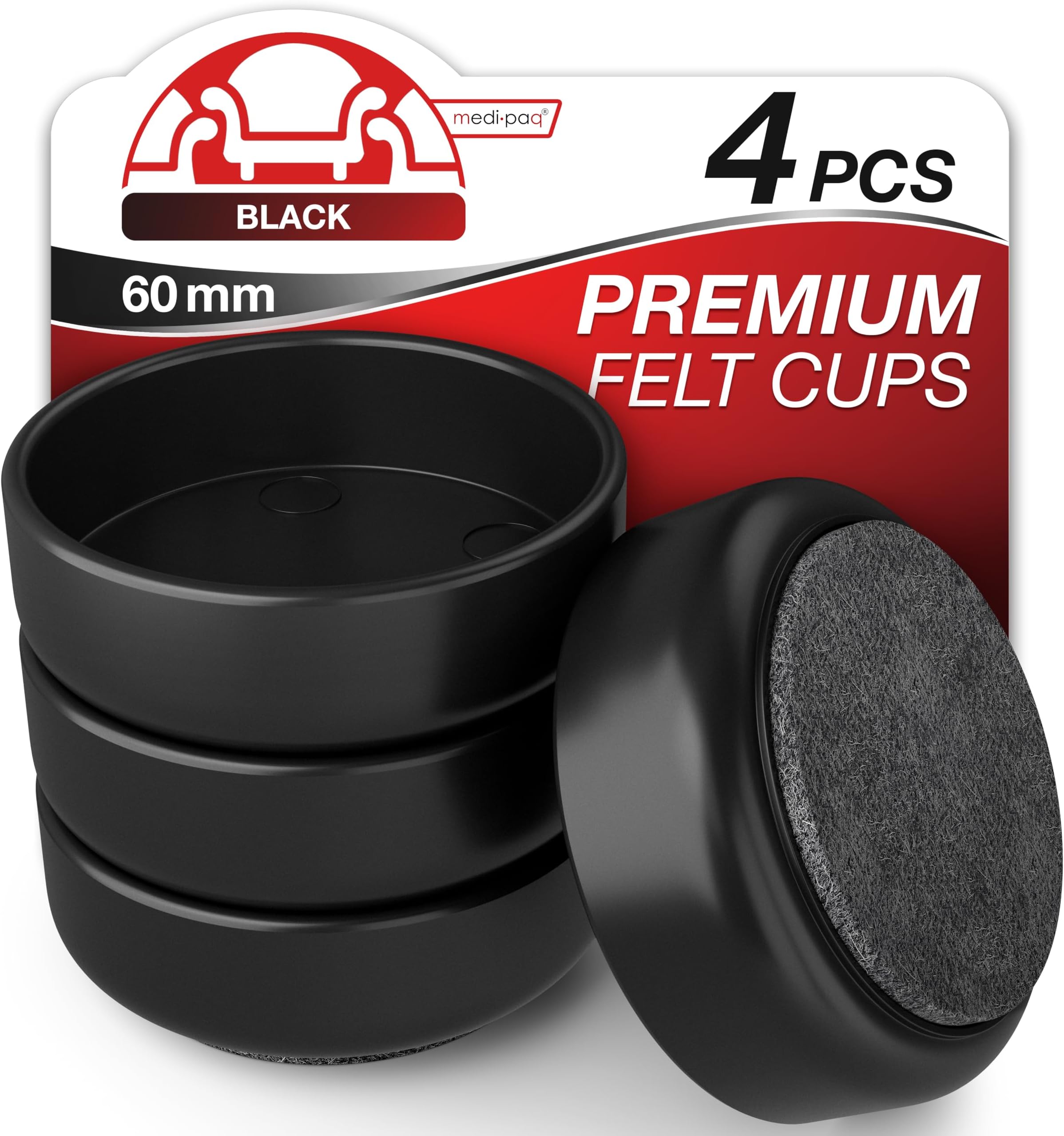 Medipaq Felt Castor Cups – 4x Large 60mm Black – Protects Wooden & Smooth Floors – Chair & Furniture Leg Protectors