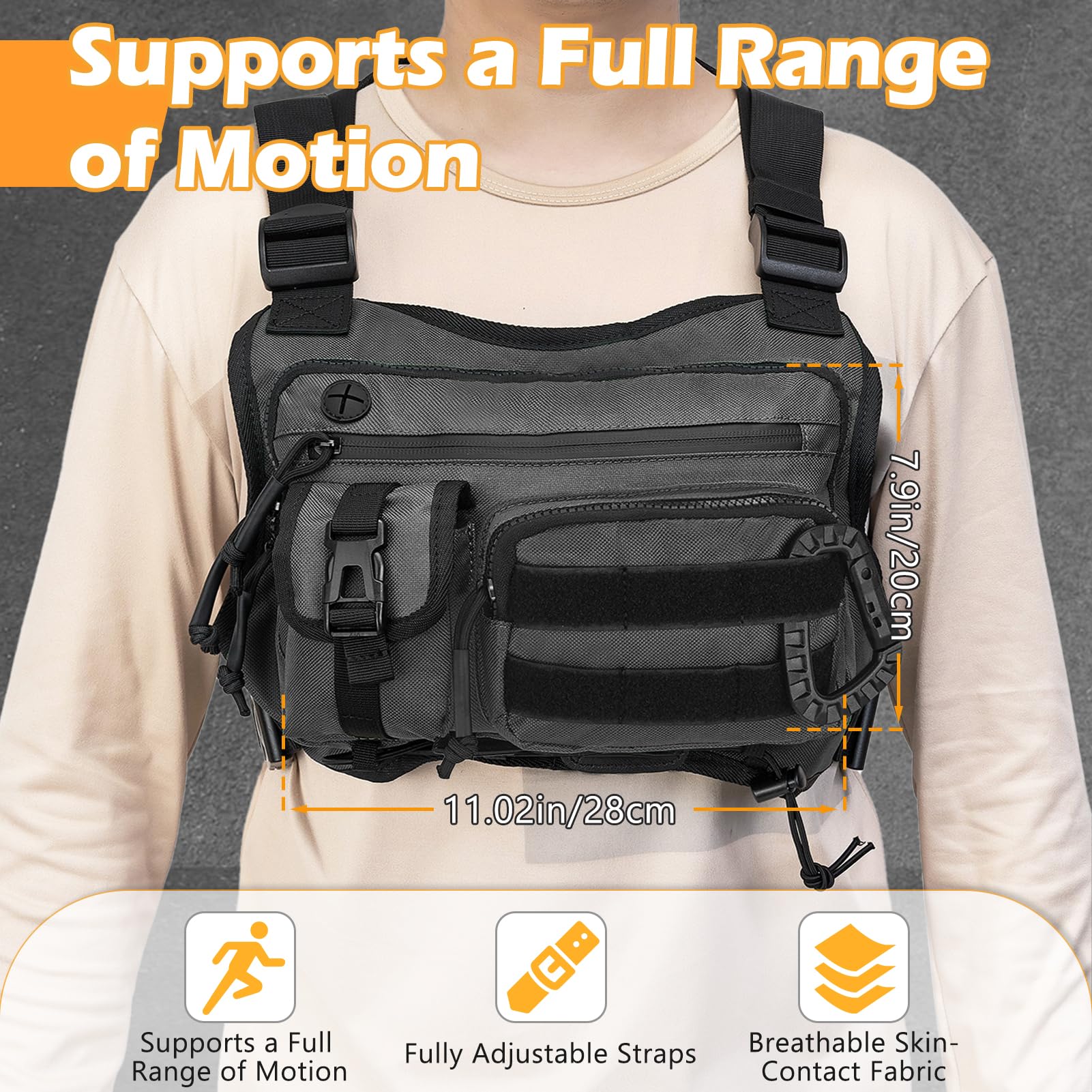 AzReference Tactical Chest Bag for Men, Running Vest Lightweight Adjustable EDC Sport Front Chest Pack Extra Storage Pouch for Workouts Cycling Hiking Outdoor, Black