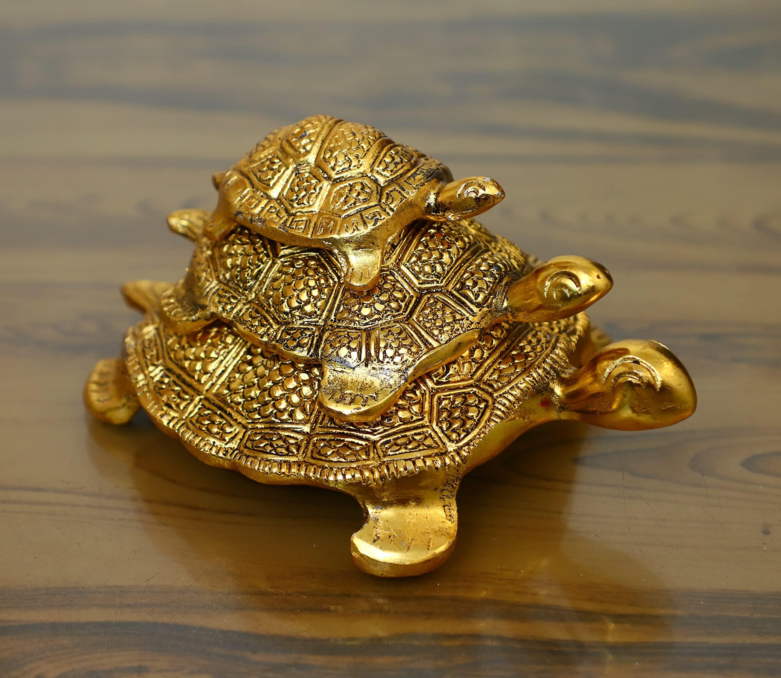 Metal Feng Shui Set of 3 Tortoise Family for Good Luck Vastu Decorative Showpiece - 12.5 cm (Metal, Gold)