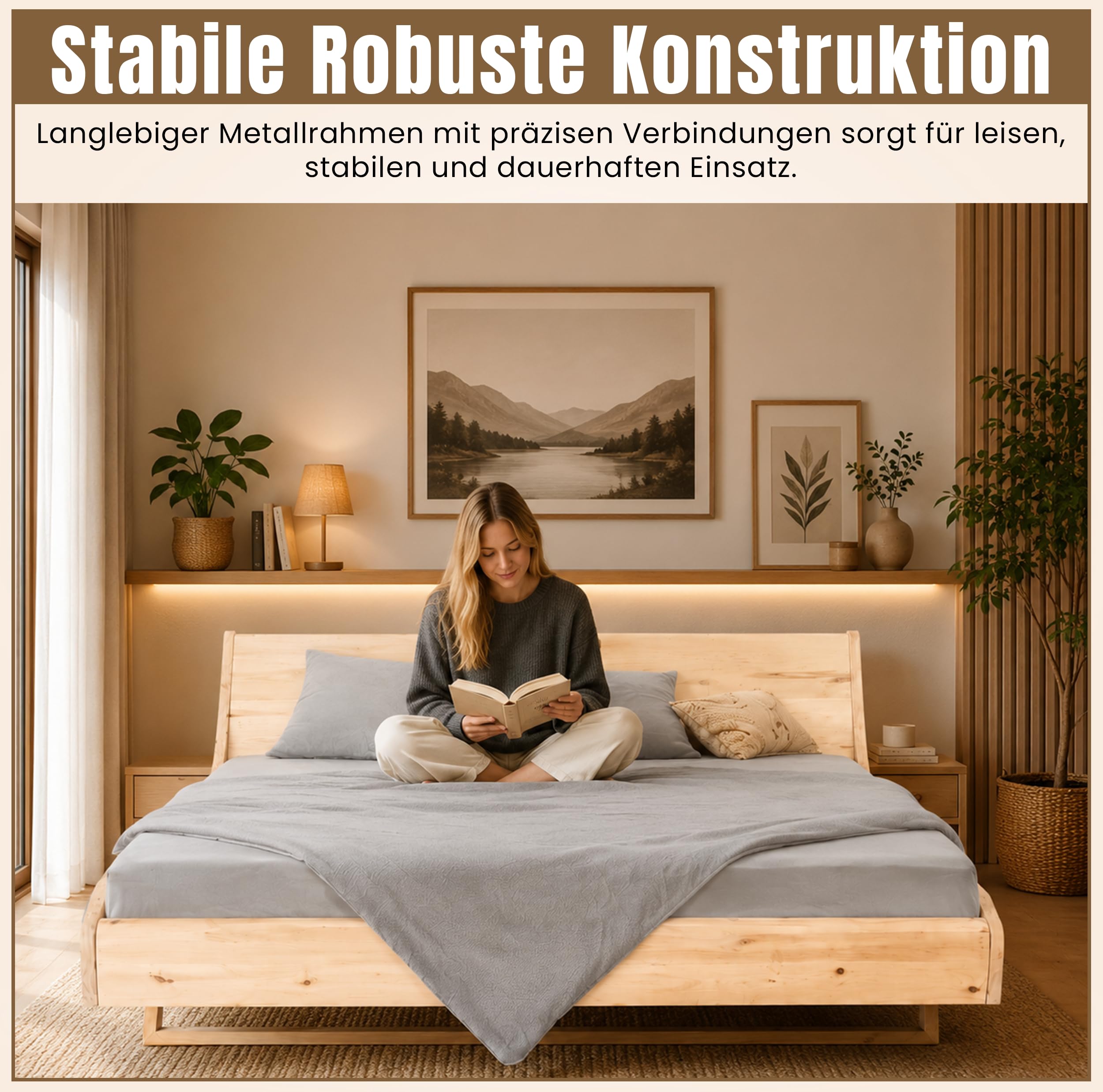 Geborgenschlafen FLESSA Massivholzbett 180 x 200 cm | Schwebebett aus unbehandeltem Zirbenholz mit verborgenem Rahmen | höhenverstellbar 31–39,5 cm | holzbett inkl. GS-Start Lattenrost