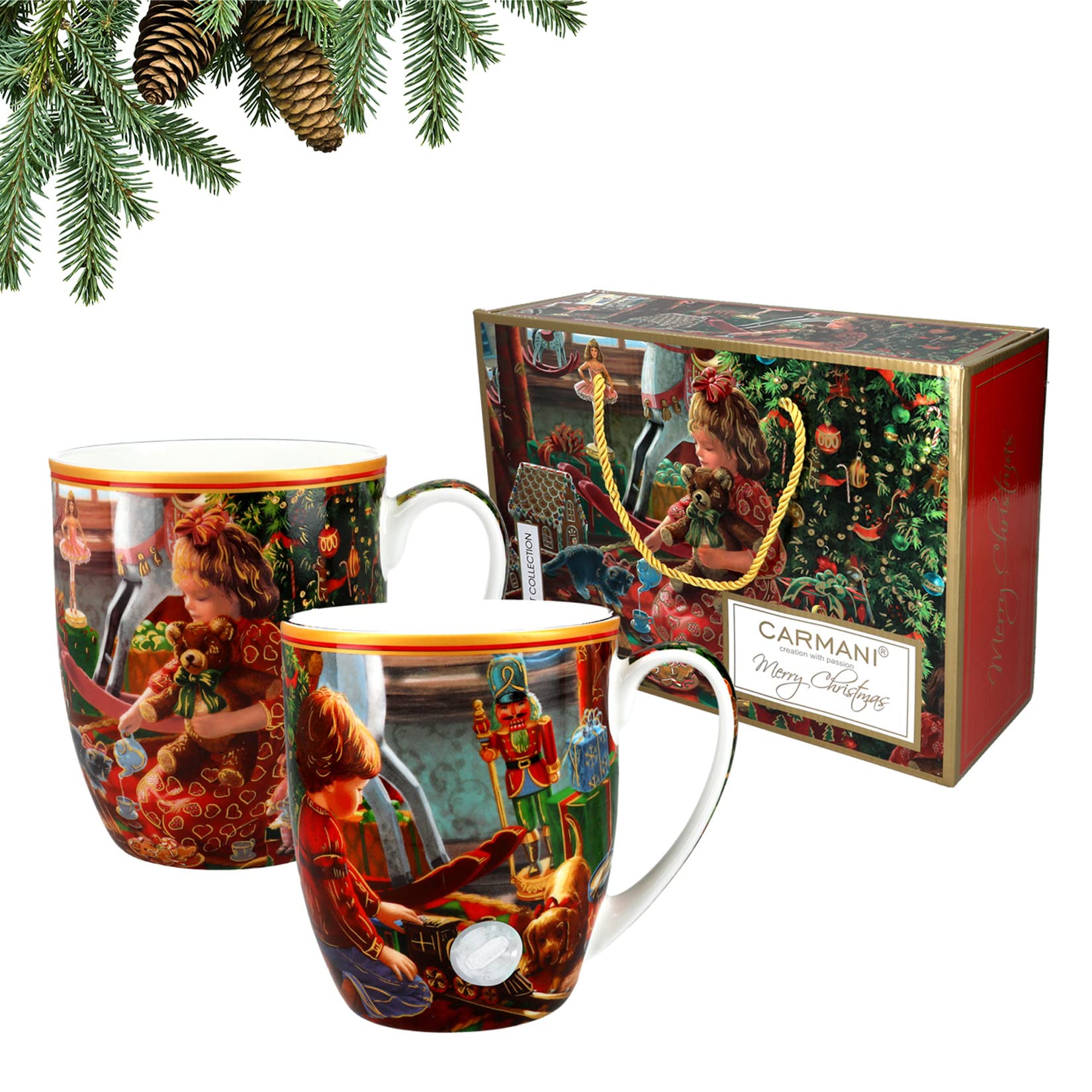 Carmani-Set mit 2 Weihnachtstassen, festliche Partybecher für Tee, Kaffee, heiße Schokolade, dekoriert Weihnachtsmotiv, 400 ml