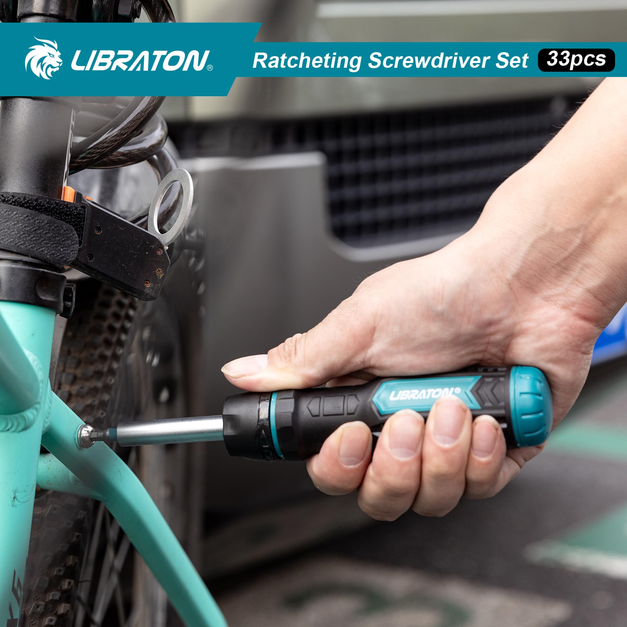 LIBRATON Tournevis Multi-embouts à Cliquet Magnétique 33-en-1, Embout Fendu/Cruciforme/Pozi/Torx/Hexagonal/Carré, Poignée Ergonomique pour Maison, Automobile & Bricolage