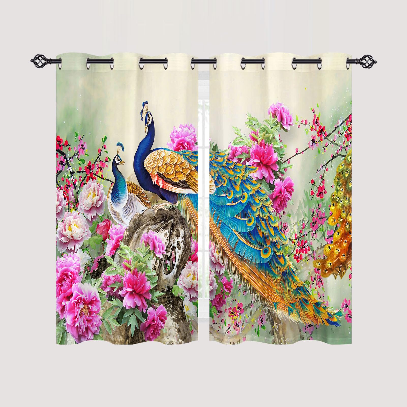 ANHOPE Peacock Curtains Eyelet Thermal Insulated Blackout Curtains Colorful Watercolor Peacock Flower Print Pattern Ring Top Drapes for Bedroom Living Room 46 x 54 Inch Drop 2 Panels - Image 2