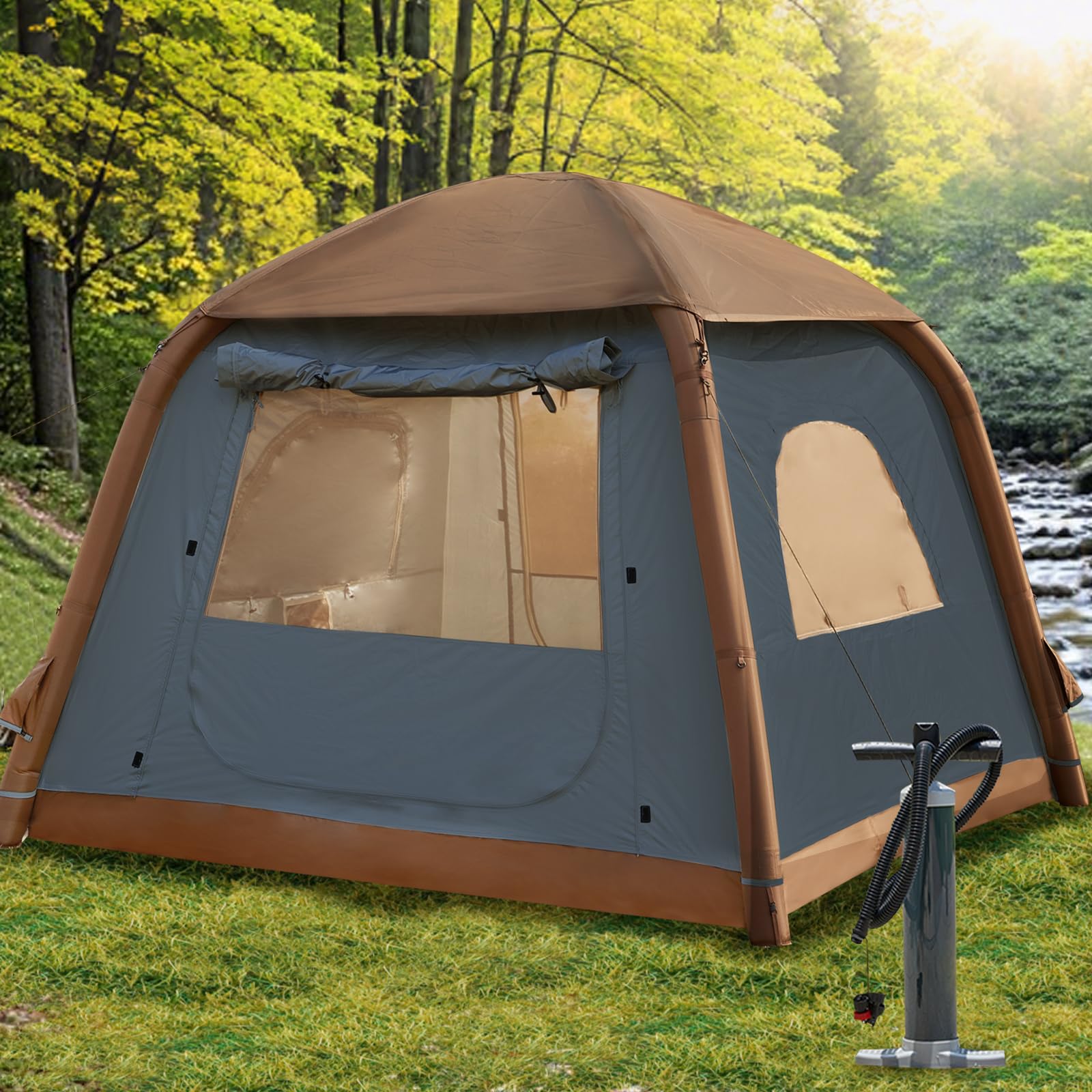 SHANQUAN Inflatable Tent with Pump,4-6 Person Instant Glamping Camping Tents House, Easy Setup Blow Up Family Tents for 4 Seasons Waterproof Inflatable Tent for Camping with Mesh Windows.