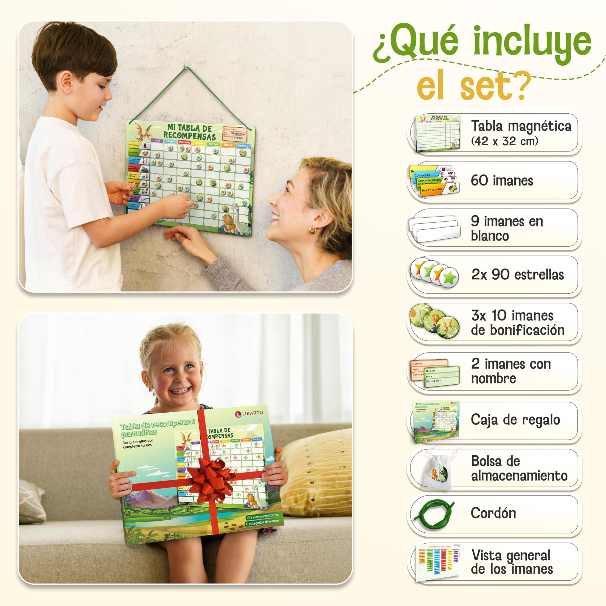 LIKARTO Tabla de Recompensas para Niños - Pizarra magnética con muchas tareas y 280 imanes - Inspira el buen comportamiento - Calendario educativo infantil - Verde — view 6