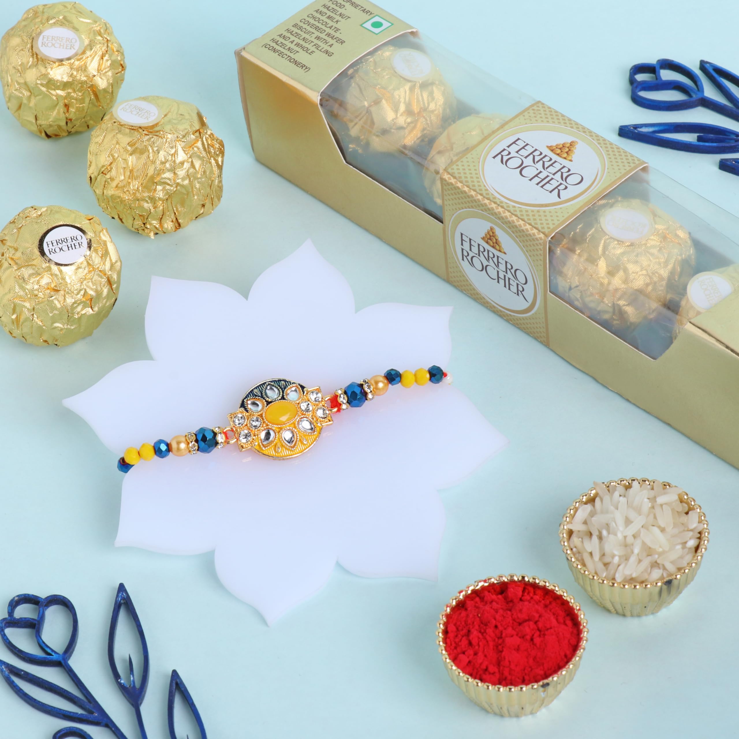FlowerAura Raksha Bandhan Celebrations Yellow And Blue Beaded Kundan Rakhi With Pack Of 4 Choco Rolls Balls - Rakhi for Brother, Bhai, Cousins & Raksha Bandhan Gift (Same Day Delivery) (B0D9BVK4CN) Amazon Price History, Amazon Price Tracker