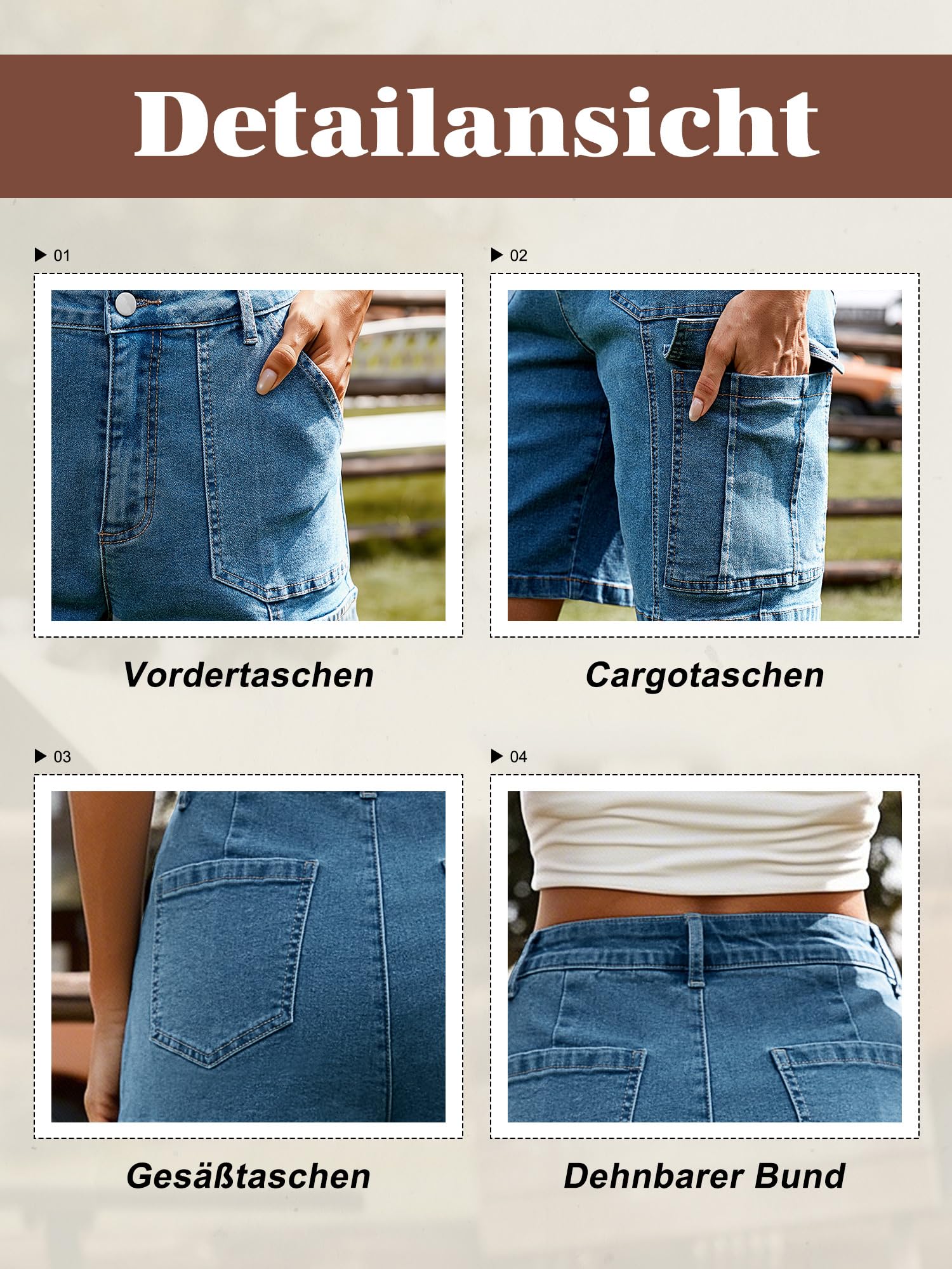 StylSense Kurze Hose Damen Sommer Bermuda Cargo Jeans Shorts Baumwolle Hohe Taille mit Elastischem Bund und 6 Taschen