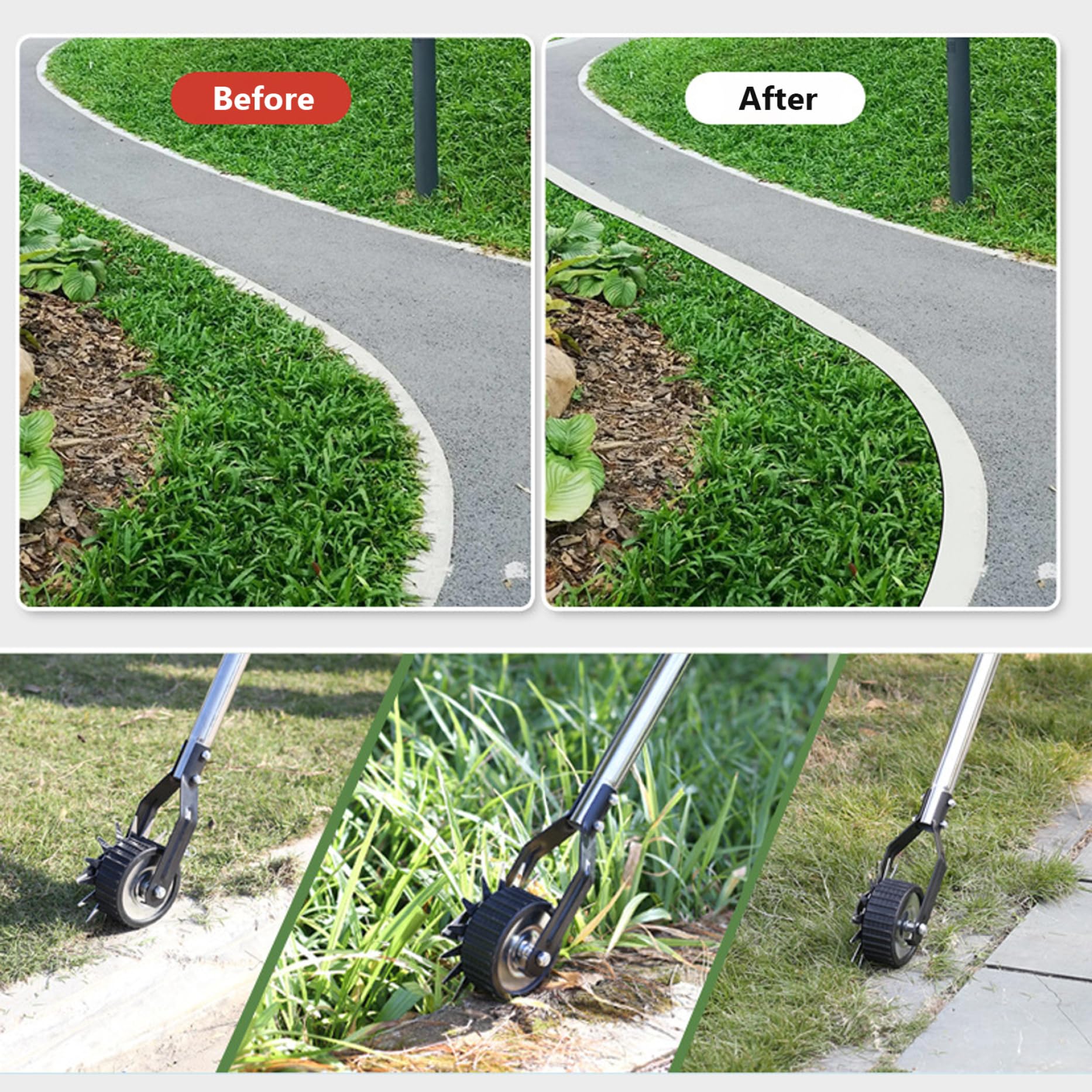 Herramienta de césped de Edger, Edger manual manual de 53.2 pulgadas con 3 secciones Mango de acero inoxidable, Herramienta de paseos de hierba giratoria con rueda, borde de jardín para el patio de l
