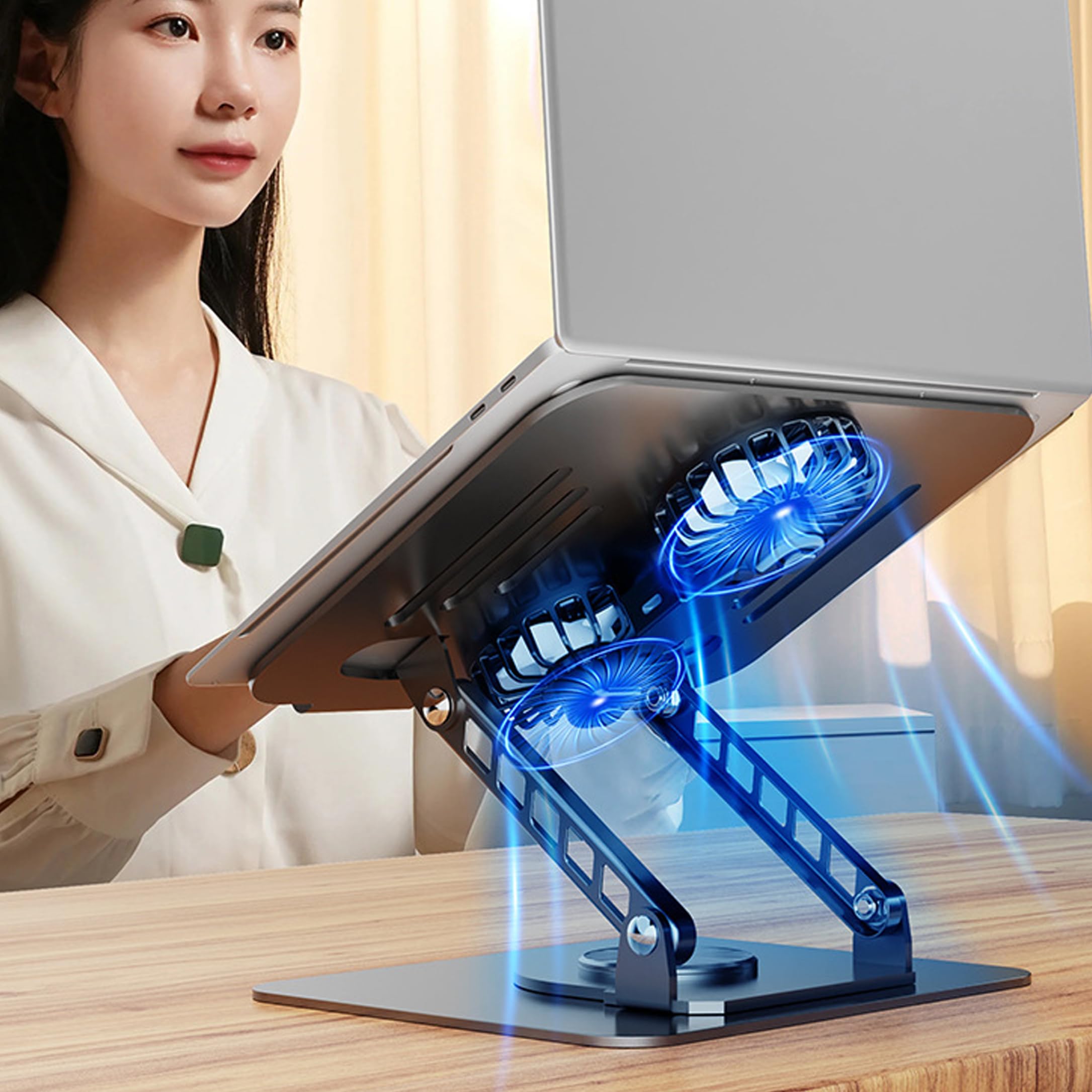 Supporto di raffreddamento per laptop con ventola, supporto di raffreddamento per laptop Dual Turbo – Riser in lega regolabile con rotazione a 360° per scrivania (nero)