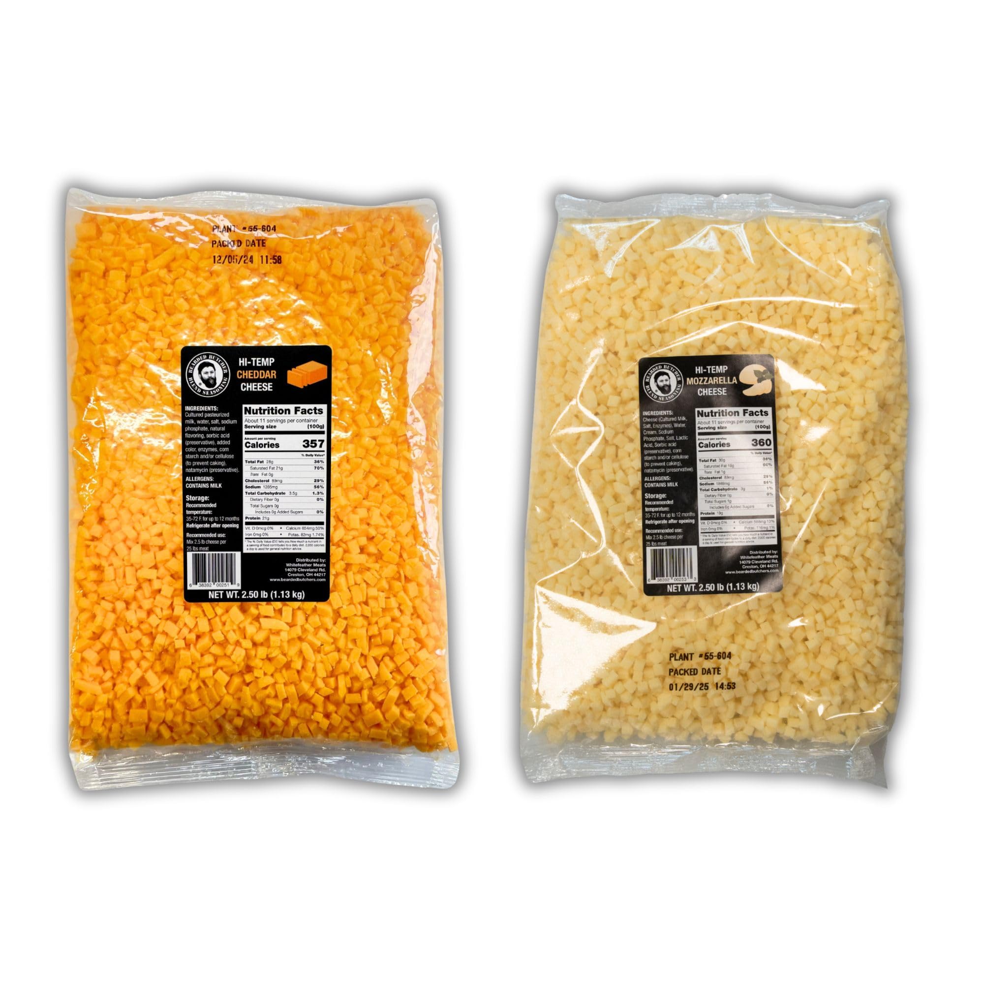 Bearded Butchers High-Temp Cheddar & Mozzarella Cheese, Pack of 2 (2.5 lb Bags Each) – 5 lbs Total, Shelf-Stable 1/4-Inch Cubes for Up to 25 lbs of Meat Per Bag, 400°F High-Temperature Cheese – Ideal for Sausage Making, Brats, Snack Sticks, Burgers, and More
