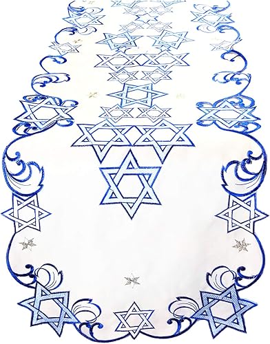 Holiday Star of David - Camino de mesa judío con corte bordado azul, decoración de lino (16 x 66 pulgadas)