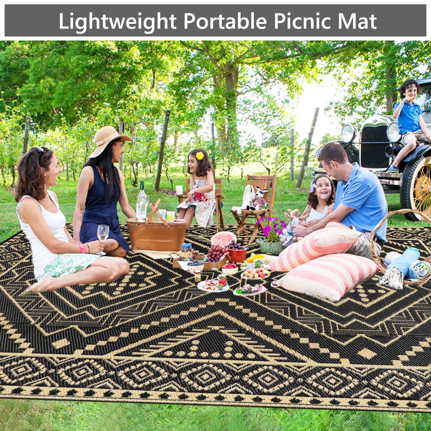 Tappeto Da Esterno Con Strisce Luminose A LED Per Decorazione Patio, 2,7 X 3,7 M, Impermeabile, Grande Tappeto Di Paglia Di Plastica, Per Interni Ed Esterni, Reversibile, Per Patio, Camper, Campeggio - Foto 2