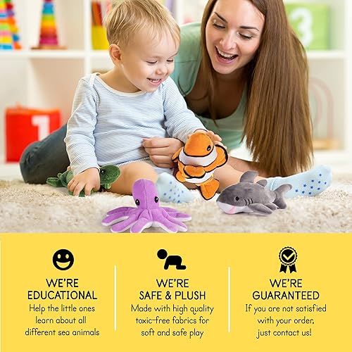 Miniatura 6 de Juego de animales marinos de peluche Juego de 4 criaturas marinas Pulpo, tortuga marina, tiburón y pez payaso Animales de peluche para bebés