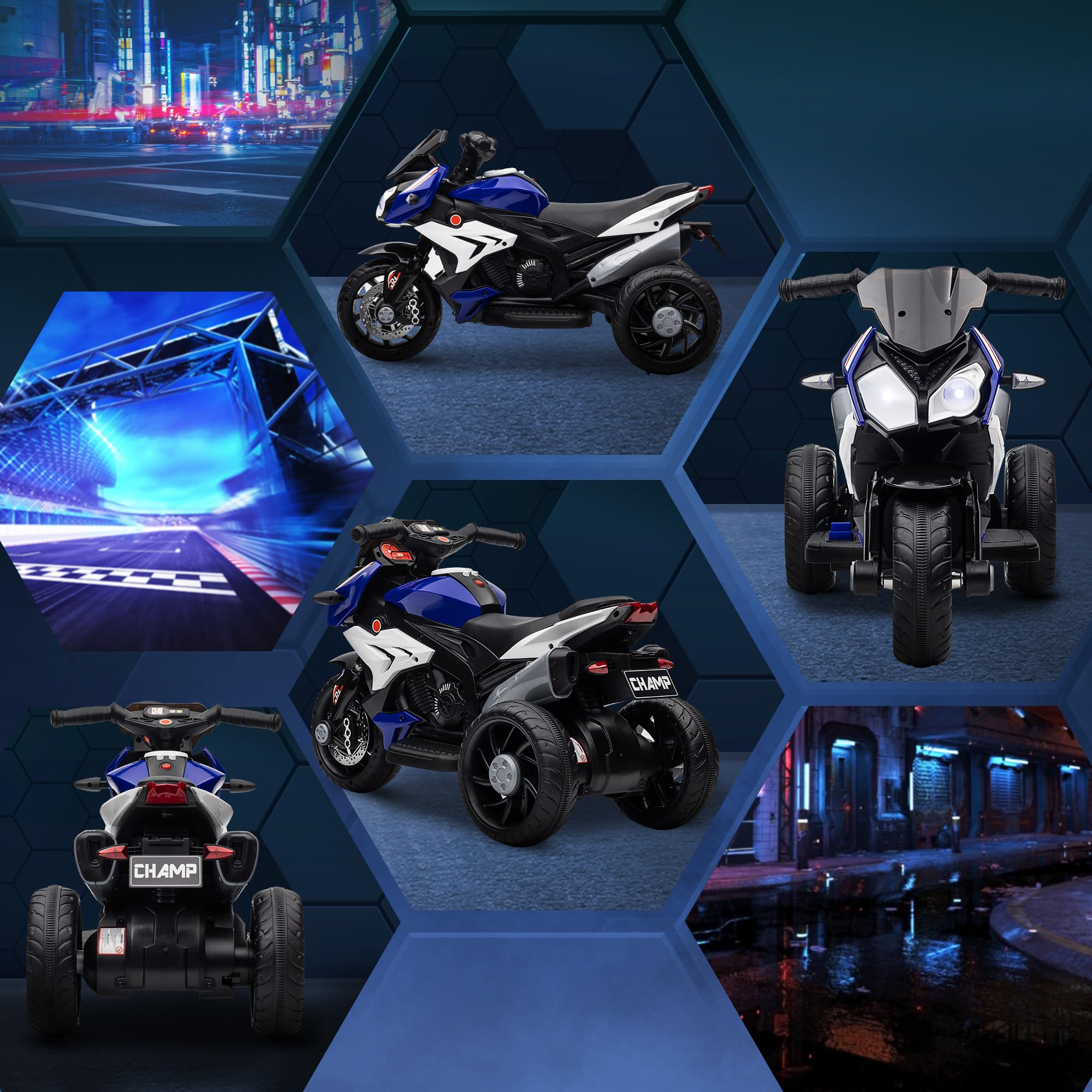 HOMCOM Elektryczny motocykl dziecięcy z muzyką 3-5 lat 3 km/h nieb+biał | Reflektor, elektryczny motocykl, motocykl dla dzieci, maks. 25 kg