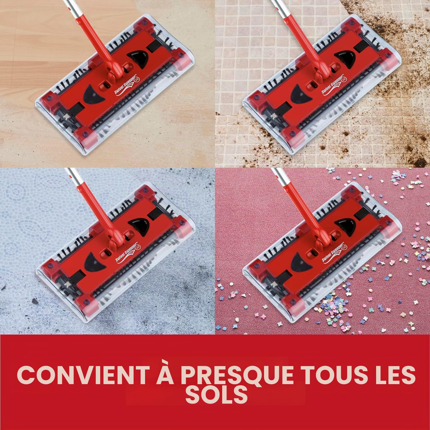 Balai sans fil Swivel Sweeper + batterie supplémentaire – Récupération facile des miettes – Sans fil, sans sac et rechargeable – Balai avec articulation articulée qui ménage le dos et rotation à 360°