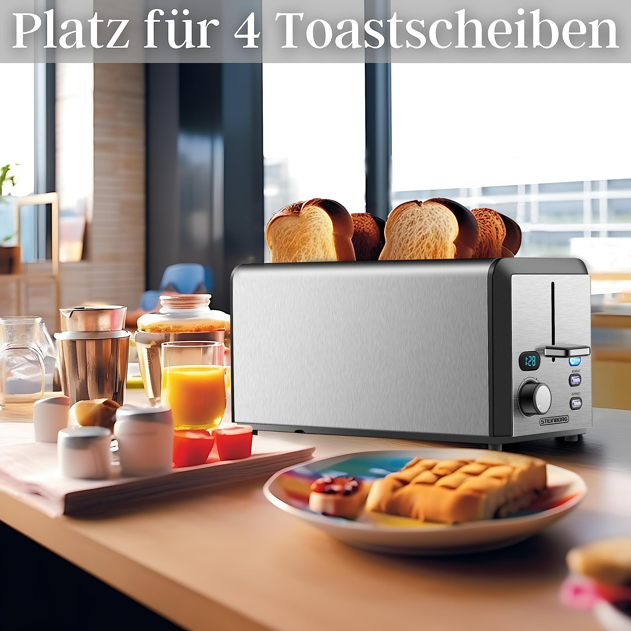 Grille-pain à longue ouverture 4 tranches XXL 1500 W 6 niveaux pour sandwich fonction dégivrage tiroir ramasse-miettes en acier inoxydable double trou avec affichage LED