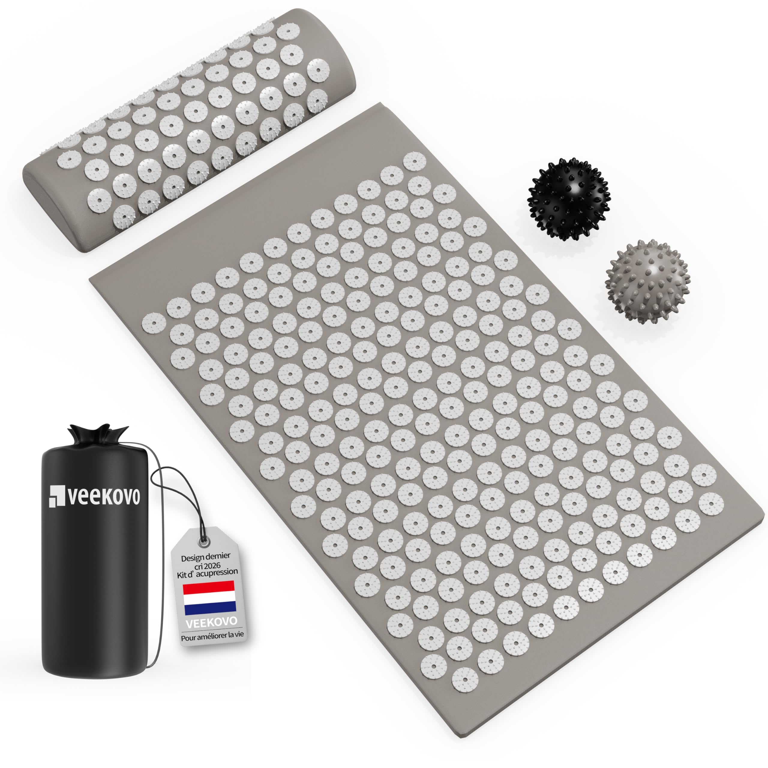 Kit d'acupression, Tapis d'Acupression + Coussin + Boule de Massage, Mal De Dos - Relaxation et Traitement de la Douleur, Soulage douleurs Dos et Cou (Gris)