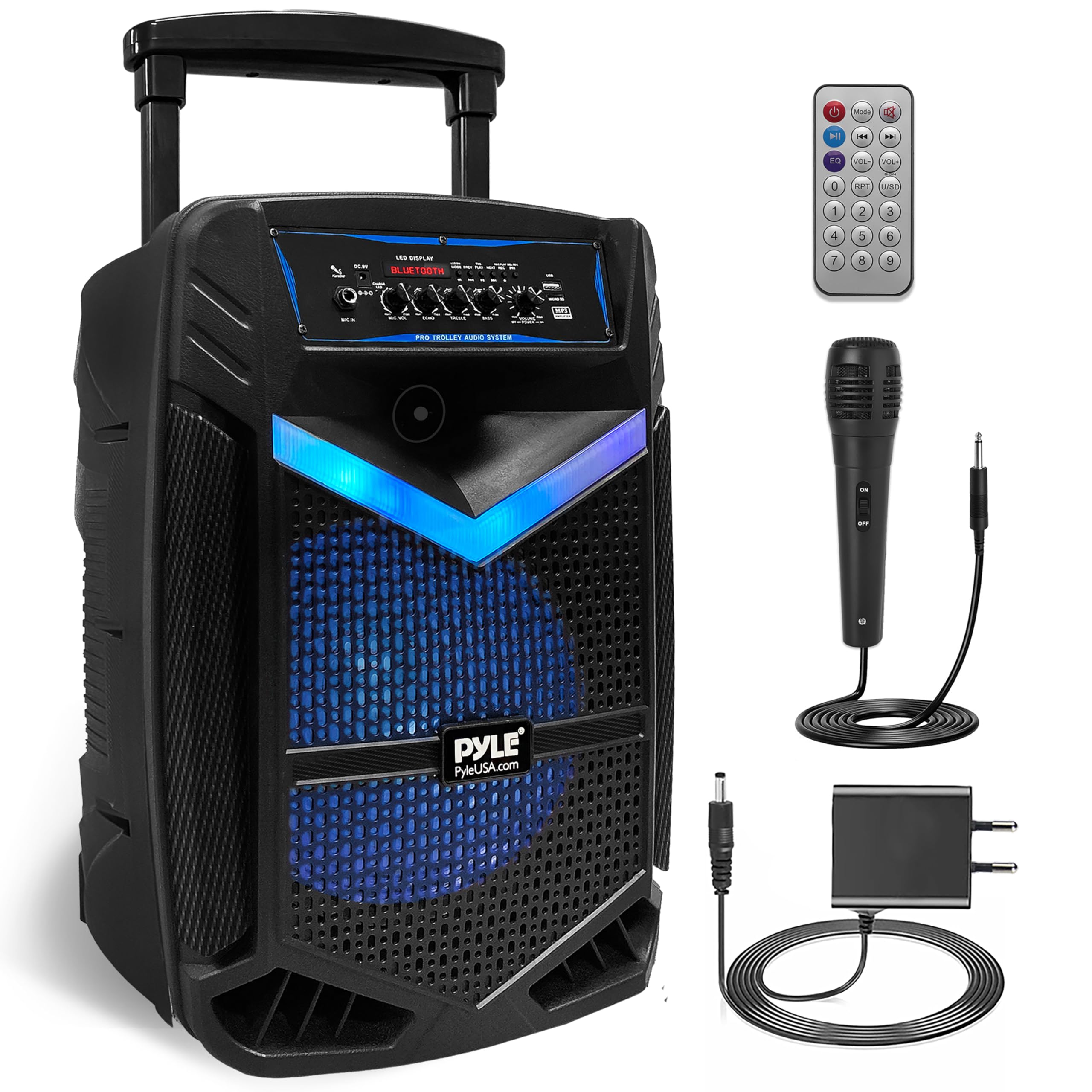 Pyle Enceinte Sono Bluetooth Portable – 1200W, Batterie, Noir Subwoofer et Tweeter LED Éclairage Micro Filaire SD,USB,AUX Radio FM Enregistrement et Roues